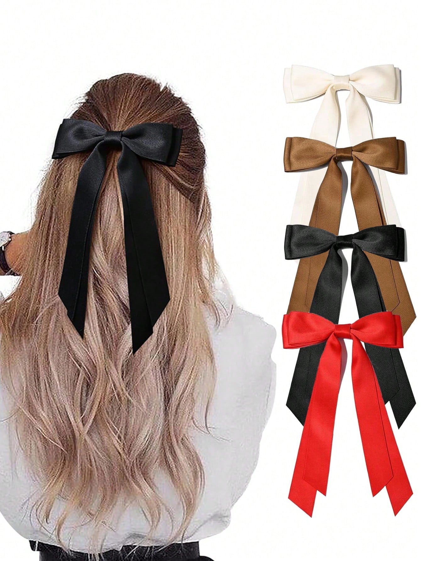 Set de 4 broches de pelo de satén negro, blanco y rojo con lazo, accesorios de pelo elegantes y versátiles de alta gama, adecuados para el uso diario, ir al trabajo, casual, fiestas, lavarse la cara