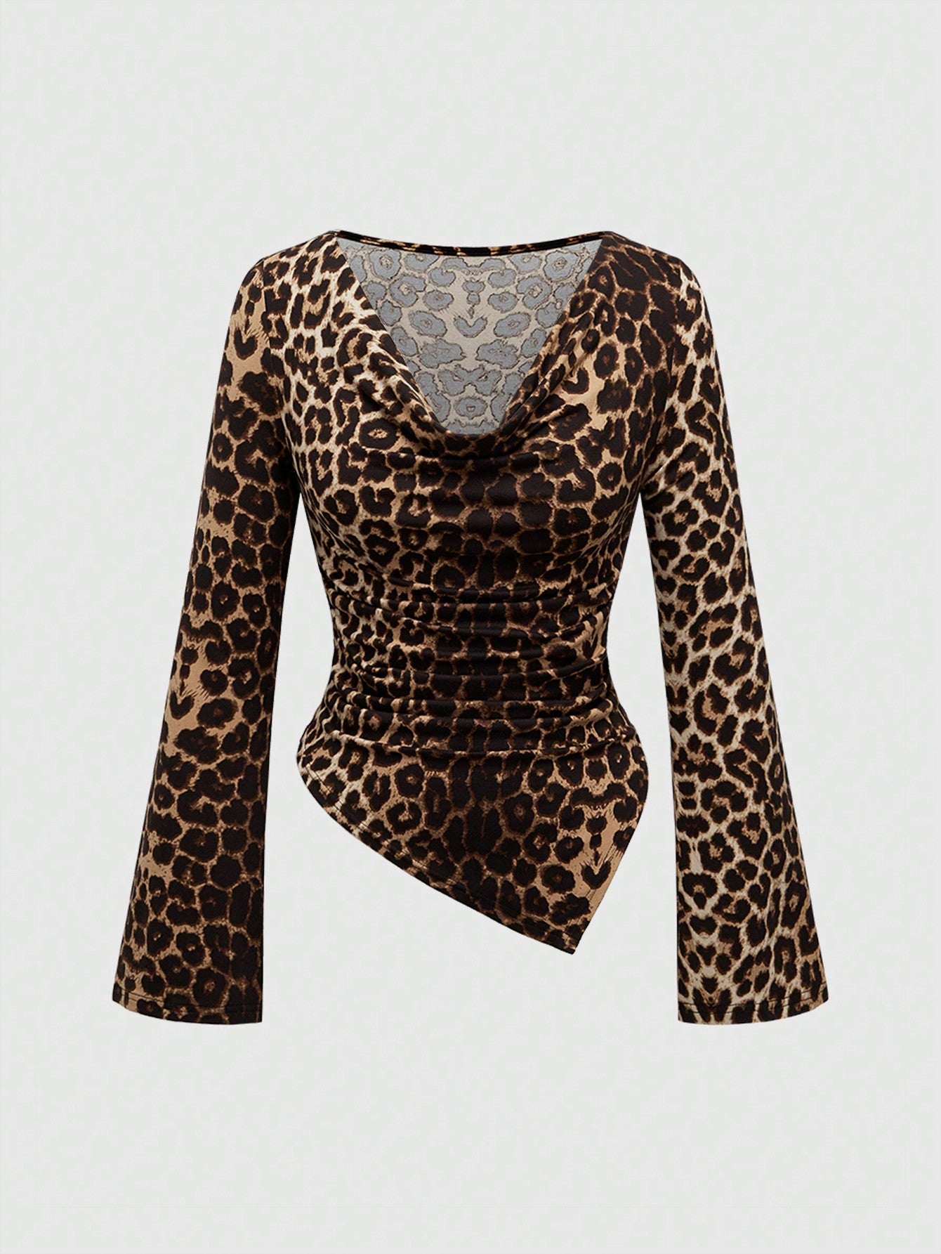 ROMWE Grunge Punk Camiseta de manga larga con diseño de cintura ceñida, cuello drapeado hueco, bajo asimétrico y estampado de leopardo de moda Y2K sexy