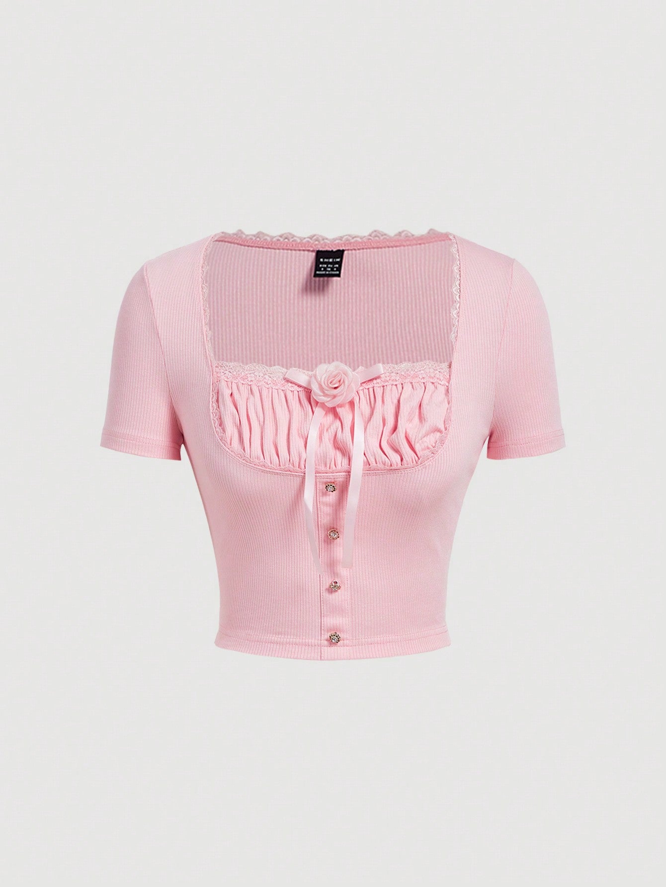 SHEIN MOD Mujer Camiseta de manga corta con encaje, pliegues y estampado floral en 3D