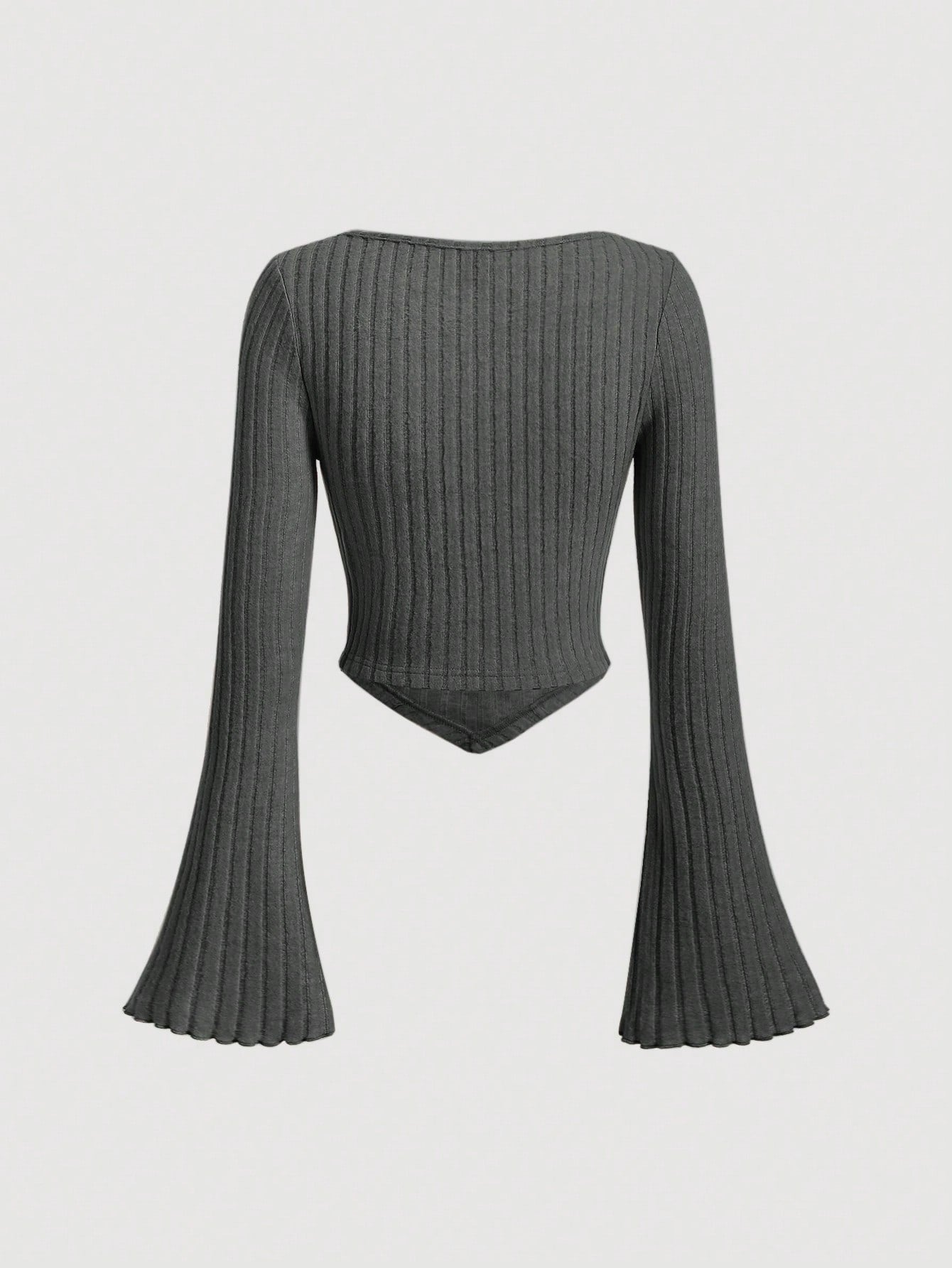 SHEIN MOD Camiseta con bolsillo cuadrado, dobladillo asimétrico, mangas abombadas con dobladillo de lechuga, frente con cordón y copa recogida en color caqui