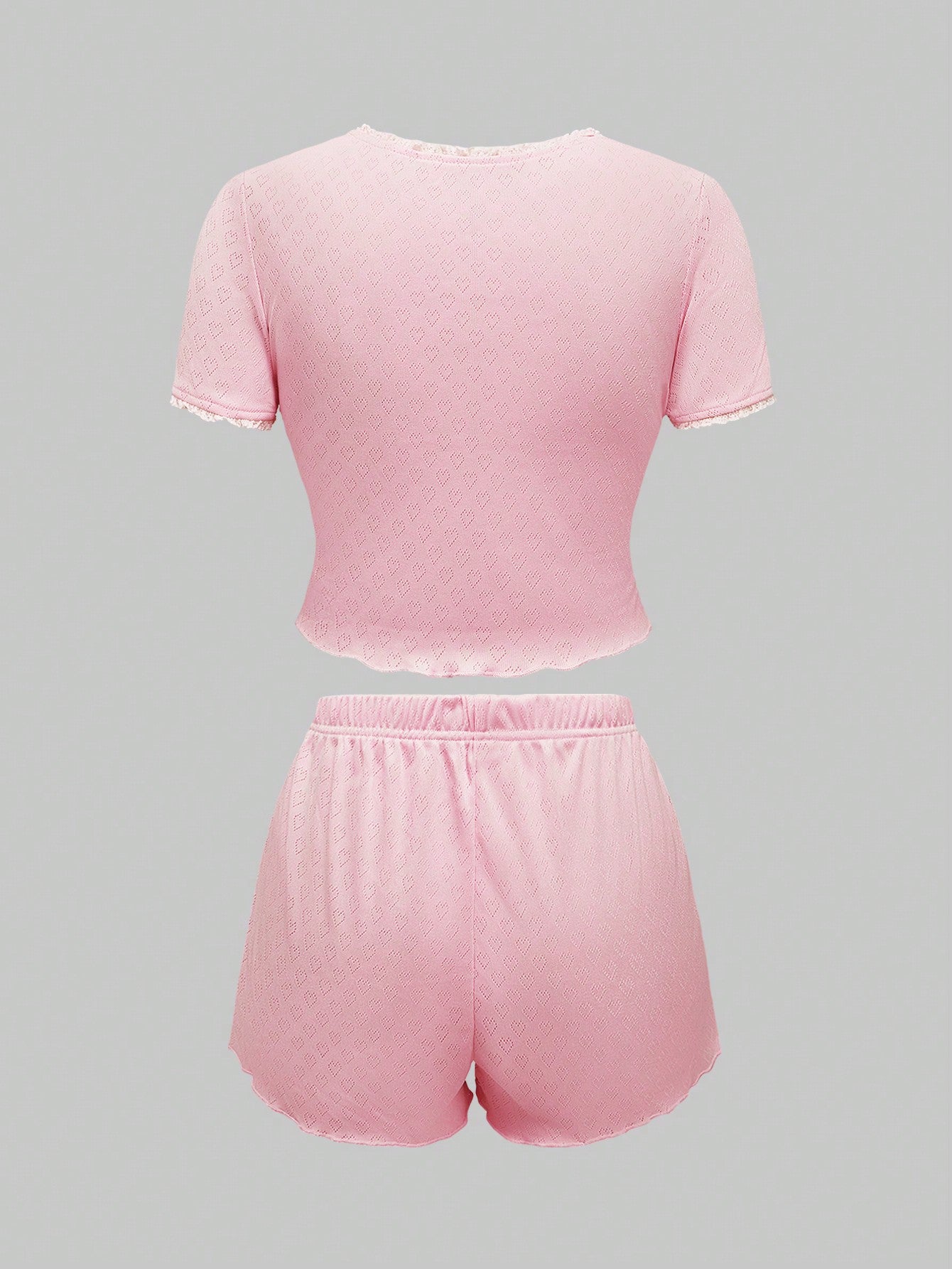 ROMWE Kawaii Conjunto de pijama de mujer con encaje de punto hueco y lazo romántico y encantador en forma de corazón