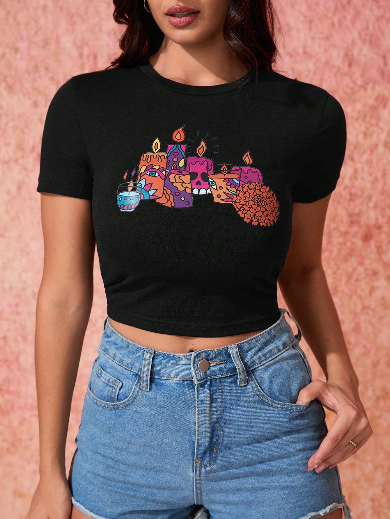 Simona Ahued Camiseta de mujer de cuello redondo corta, ajustada y de manga corta con estampado del Día de los Muertos, camiseta gráfica para vacaciones, primavera y verano