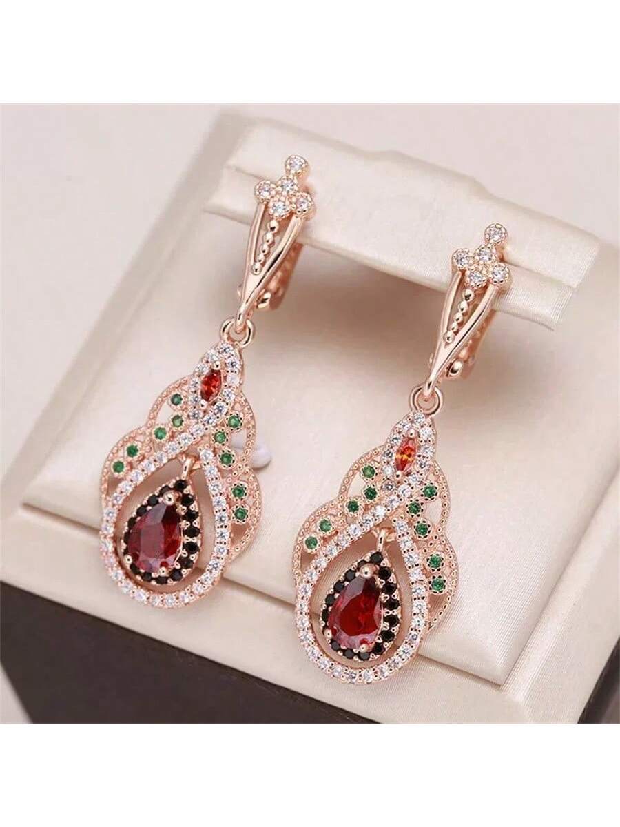 1 par de pendientes colgantes con forma de gota de agua con rubíes y circonitas verdes, con borlas, lujosos y elegantes, perfectos para compromisos, bodas, fiestas, regalo de San Valentín