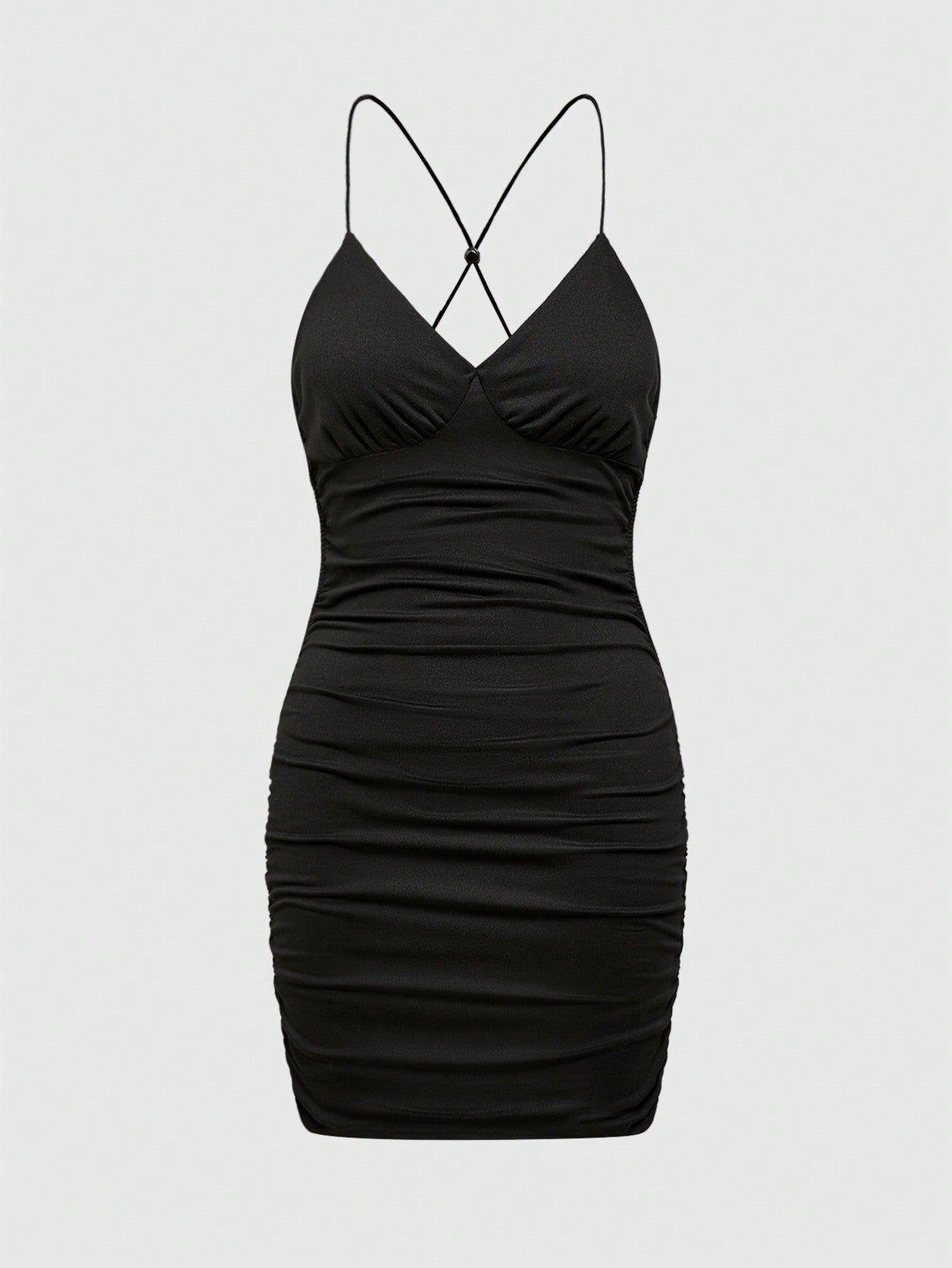 ROMWE Vestido de mujer sexy ajustado con pliegues, sin espalda y corbata de mariposa