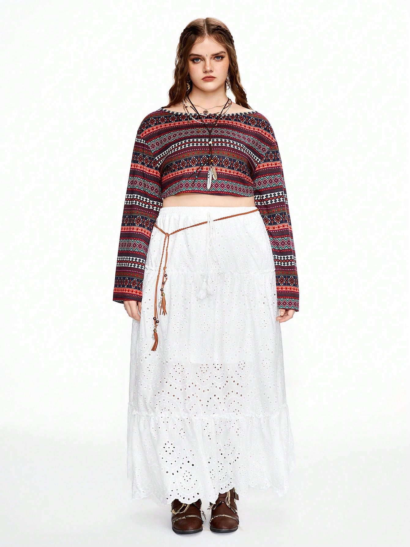 ROMWE Hippie Camiseta de rayas bohemias de talla grande con cuello de barco, manga ancha acampanada y longitud recortada, ideal para vacaciones