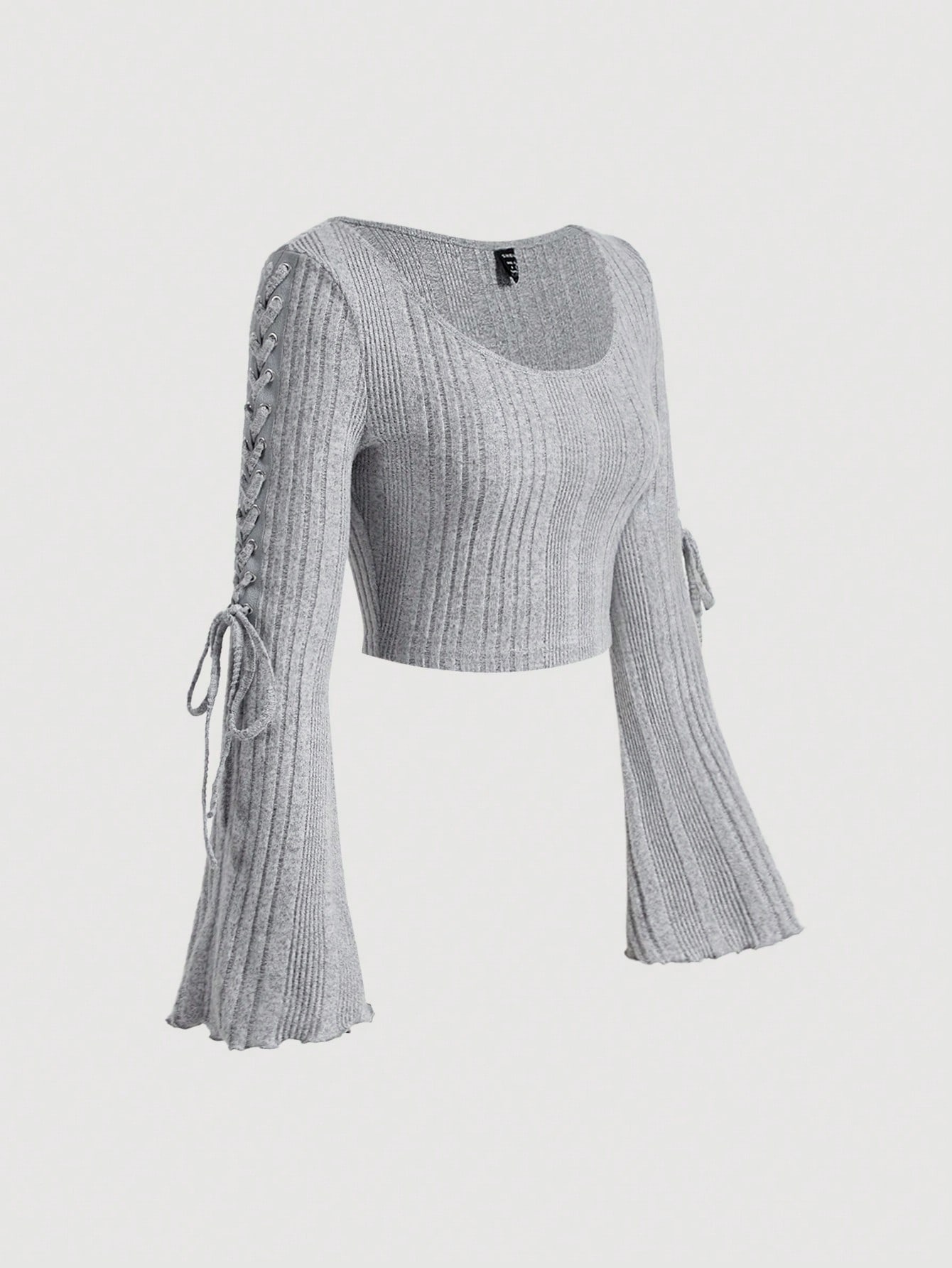 SHEIN MOD Camiseta de manga larga con cuello redondo acanalado y lazo, de felpa para mujer para otoño e invierno