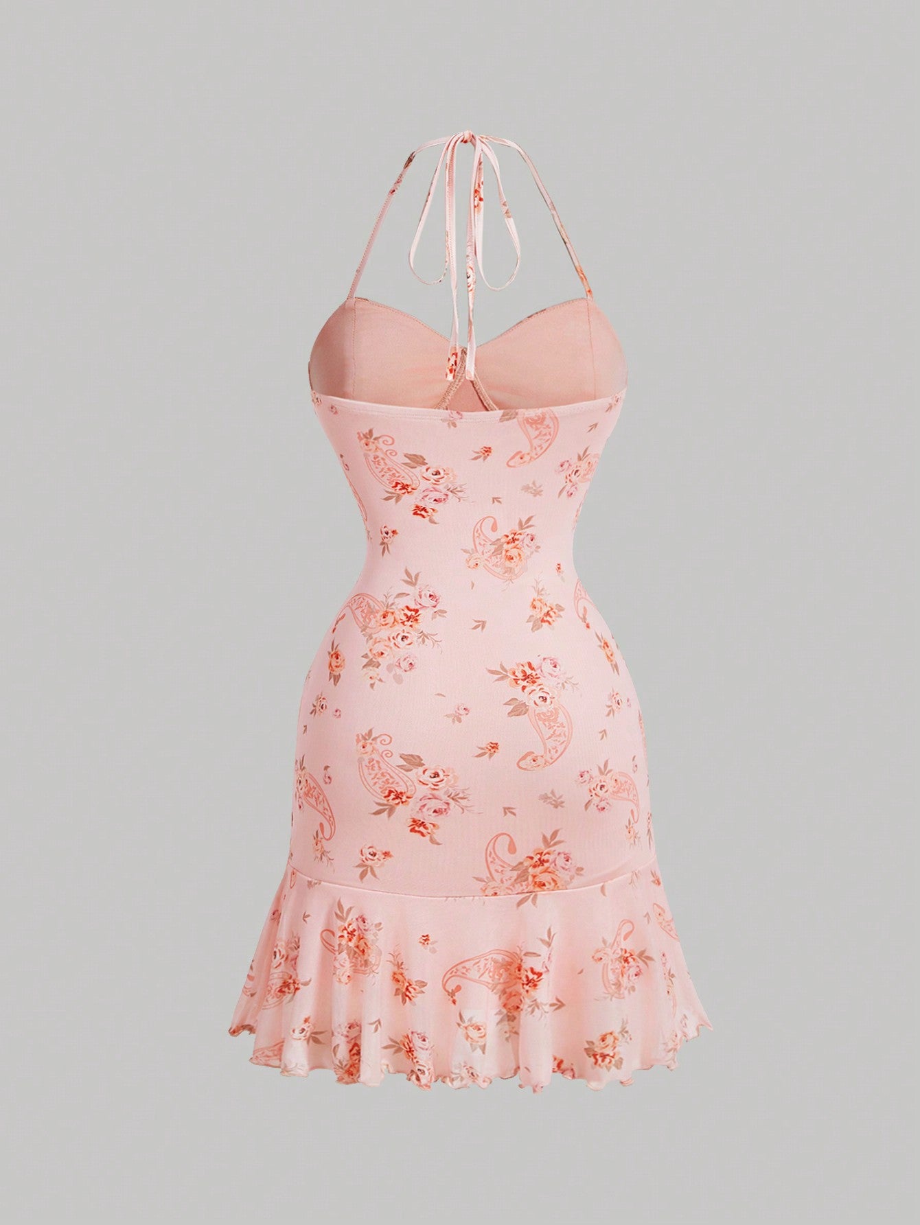 SHEIN MOD Vestido corto de cuello halter con volantes y estampado de flores y paisley, vestido de fiesta, vestido floral rosado, vestido corto, vestido estilo dinero antiguo, vestido corto occidental, vestido básico, vestido sexy