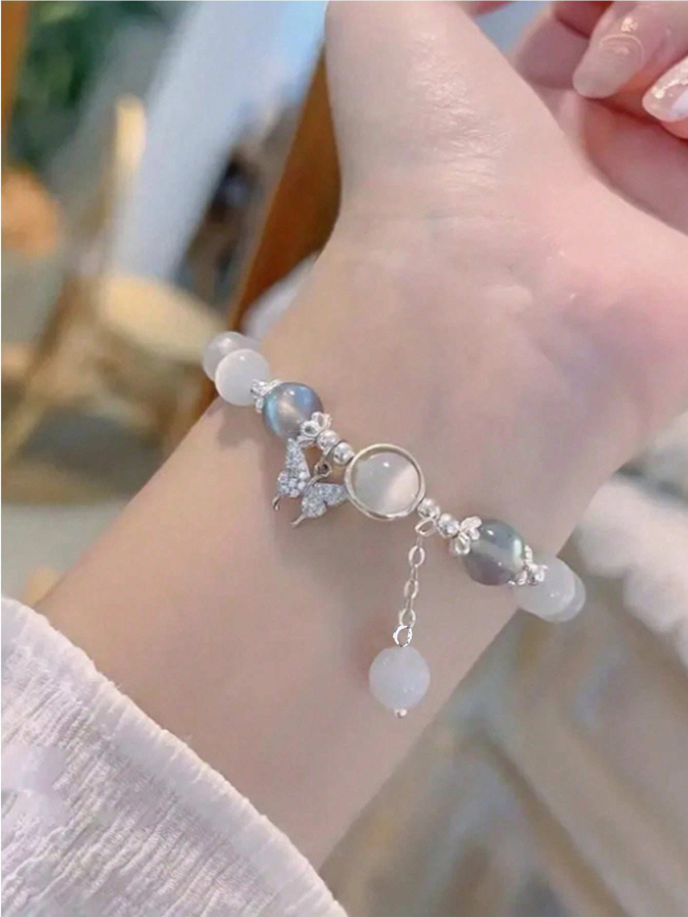 1 brazalete sencillo de piedra lunar gris y cristal natural de ojo de gato con cuentas, accesorios versátiles y elegantes para chicas