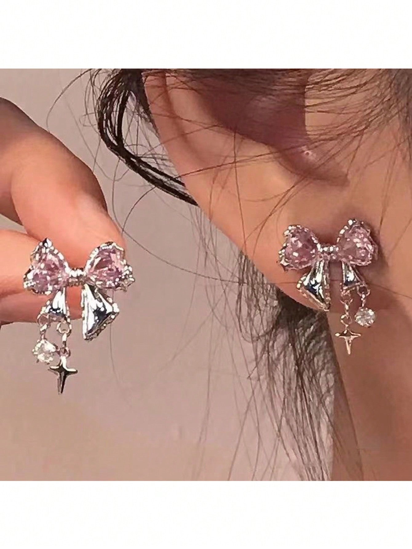 2 piezas Aretes con cristales y lazo, estilo minimalista elegante y único