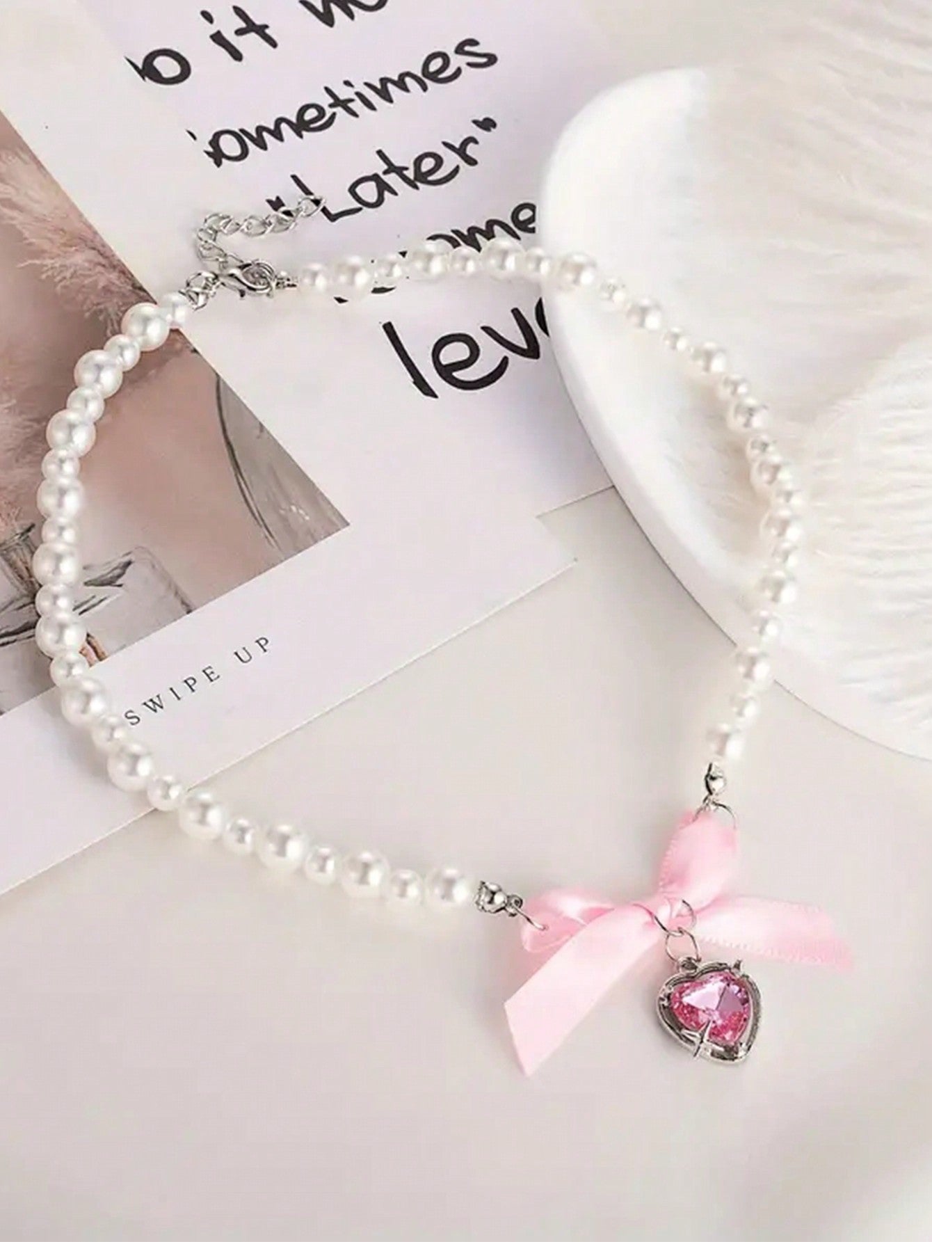 1 pieza Collar con forma de corazón rosa romántico con lazo para mujeres, dulce y puro, cadena de clavícula para San Valentín