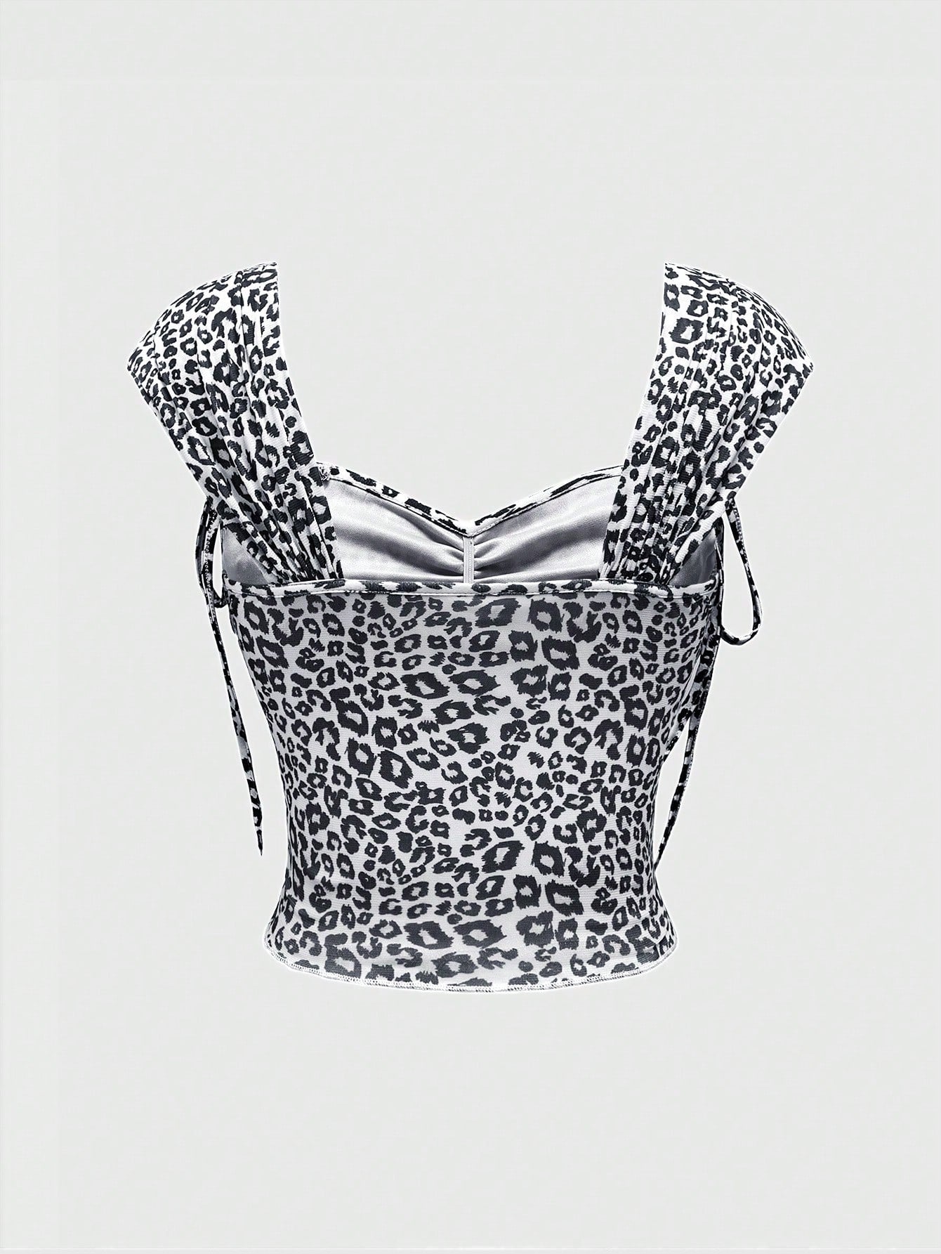 ROMWE J-Fashion Top de malla elástico ajustado con cuello de barco, lazo y estampado de leopardo sexy y de tendencia para mujeres maduras