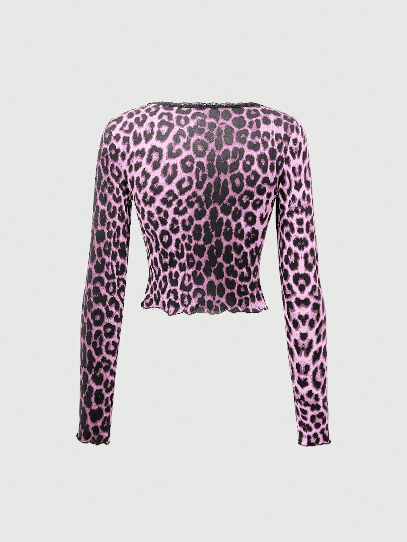 ROMWE Camiseta de manga larga de capa base con cuello en forma de corazón de cinta, parche de encaje y estampado de leopardo