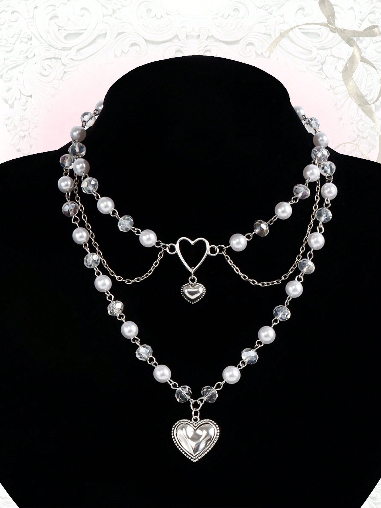 ROMWE Kawaii 1 pieza Lindo collar colgante con perla falsa, corazones y borlas para el Día de San Valentín