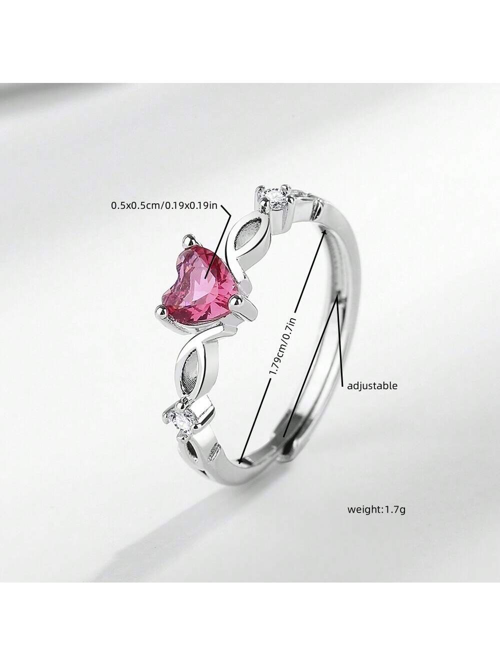 1 pieza Anillo ajustable con decoración de circonita roja con forma de corazón, de moda y casual, adecuado para uso diario, fiestas, regalos, joyería de mujer