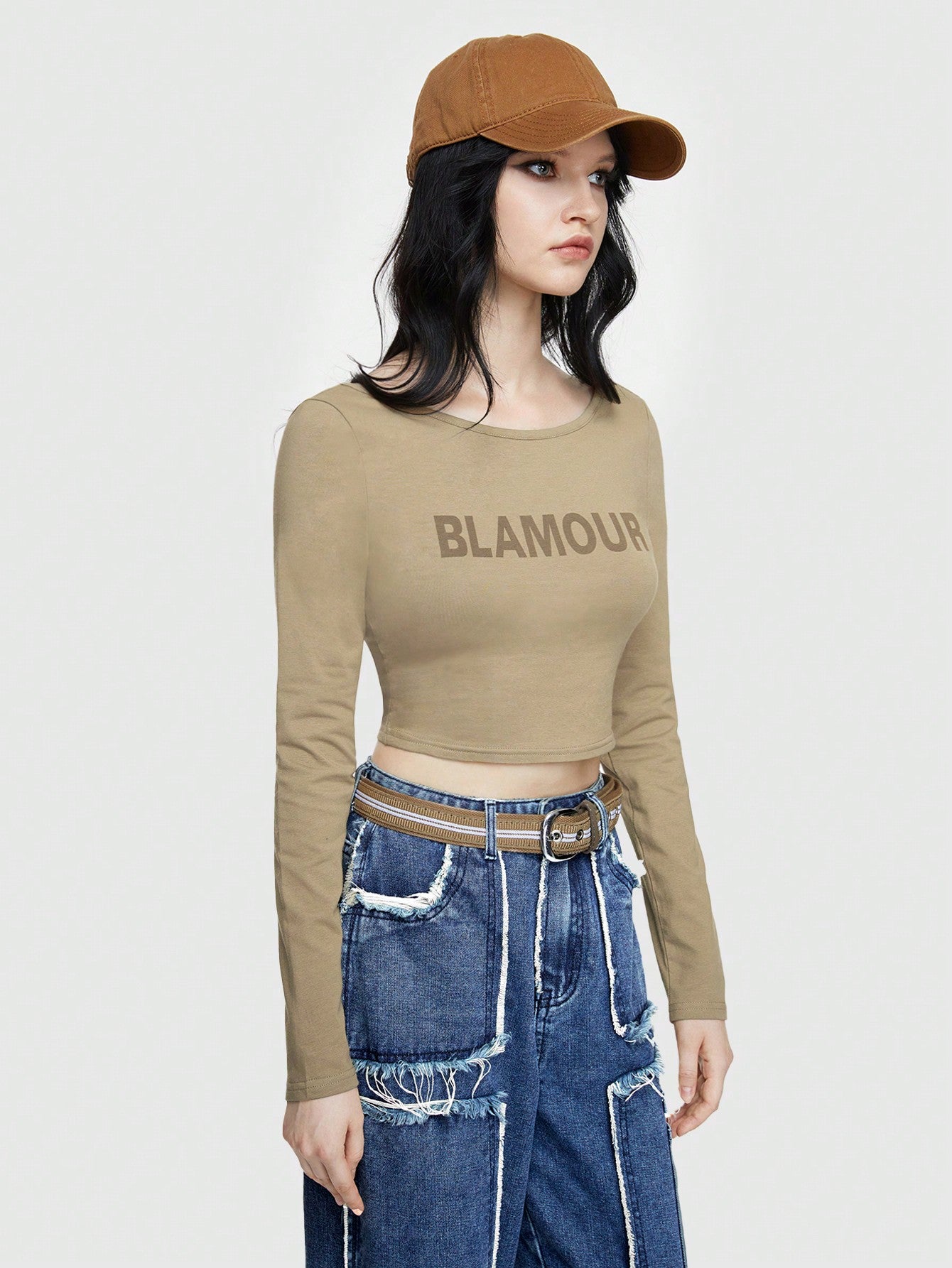 ROMWE Grunge Punk Camiseta De Impresión De Letras Con Diseño De Espalda Abierta En Estilo Al Aire Libre De Maillard