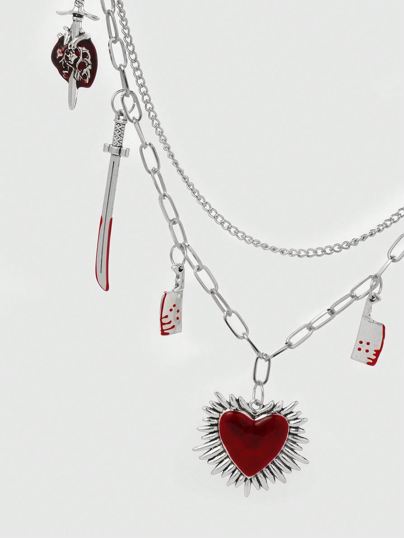 ROMWE Kawaii 1 pieza Cadena para la cintura con estilo gótico de moda, colgante de corazón perforado con calavera, espada y corazón rojo, plateado, adecuado para uso diario de mujeres y niñas, regalo festivo
