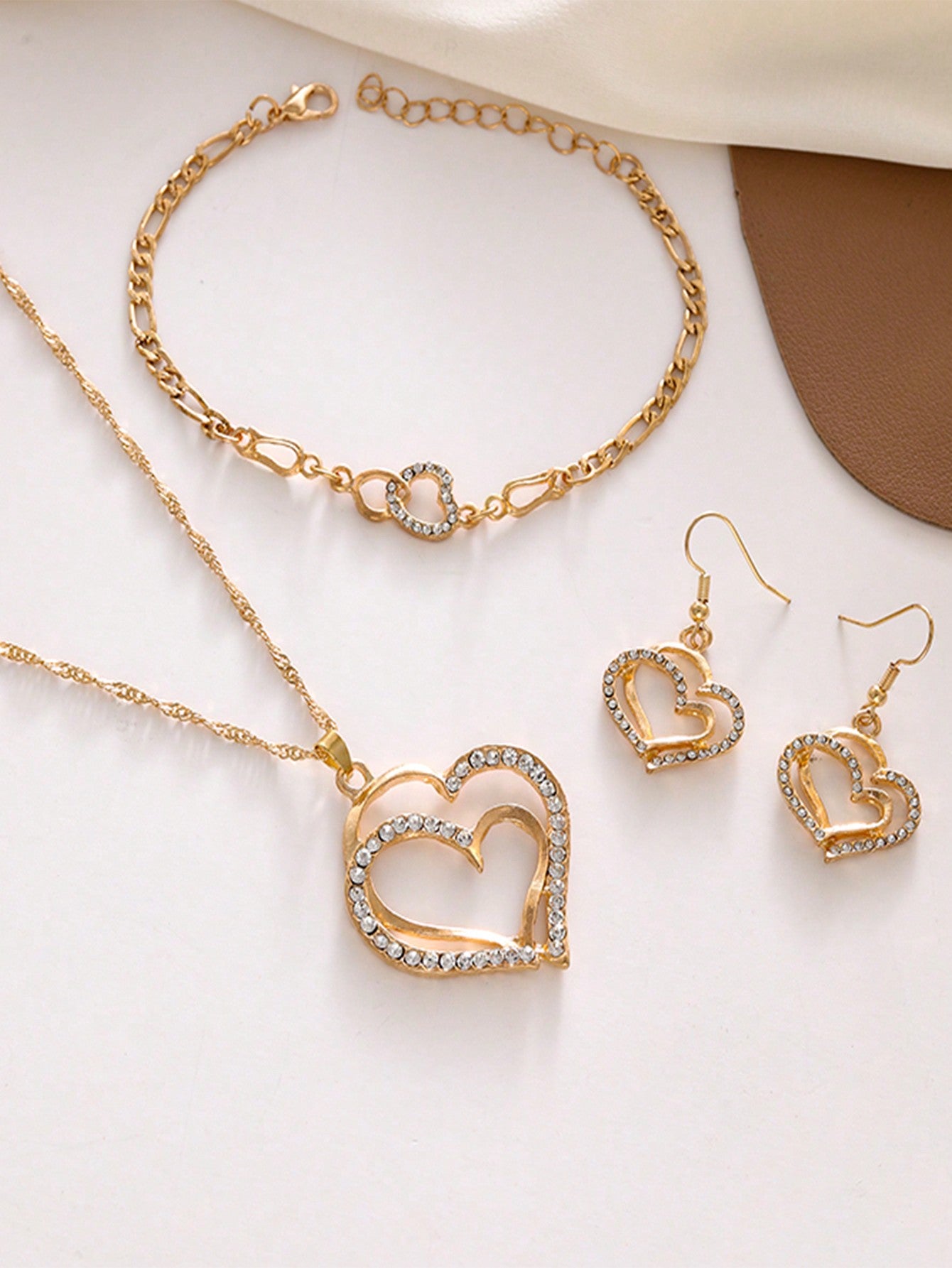 4 piezas/Set Set de joyería elegante con collar, aretes, pulsera con diseño de corazón doble, accesorios de novia de moda, regalo romántico para mujeres