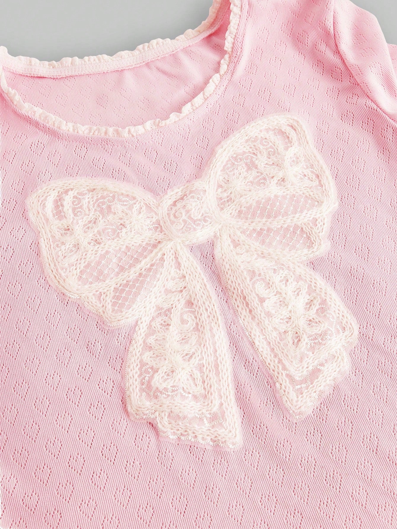ROMWE Kawaii Conjunto de pijama de mujer con encaje de punto hueco y lazo romántico y encantador en forma de corazón