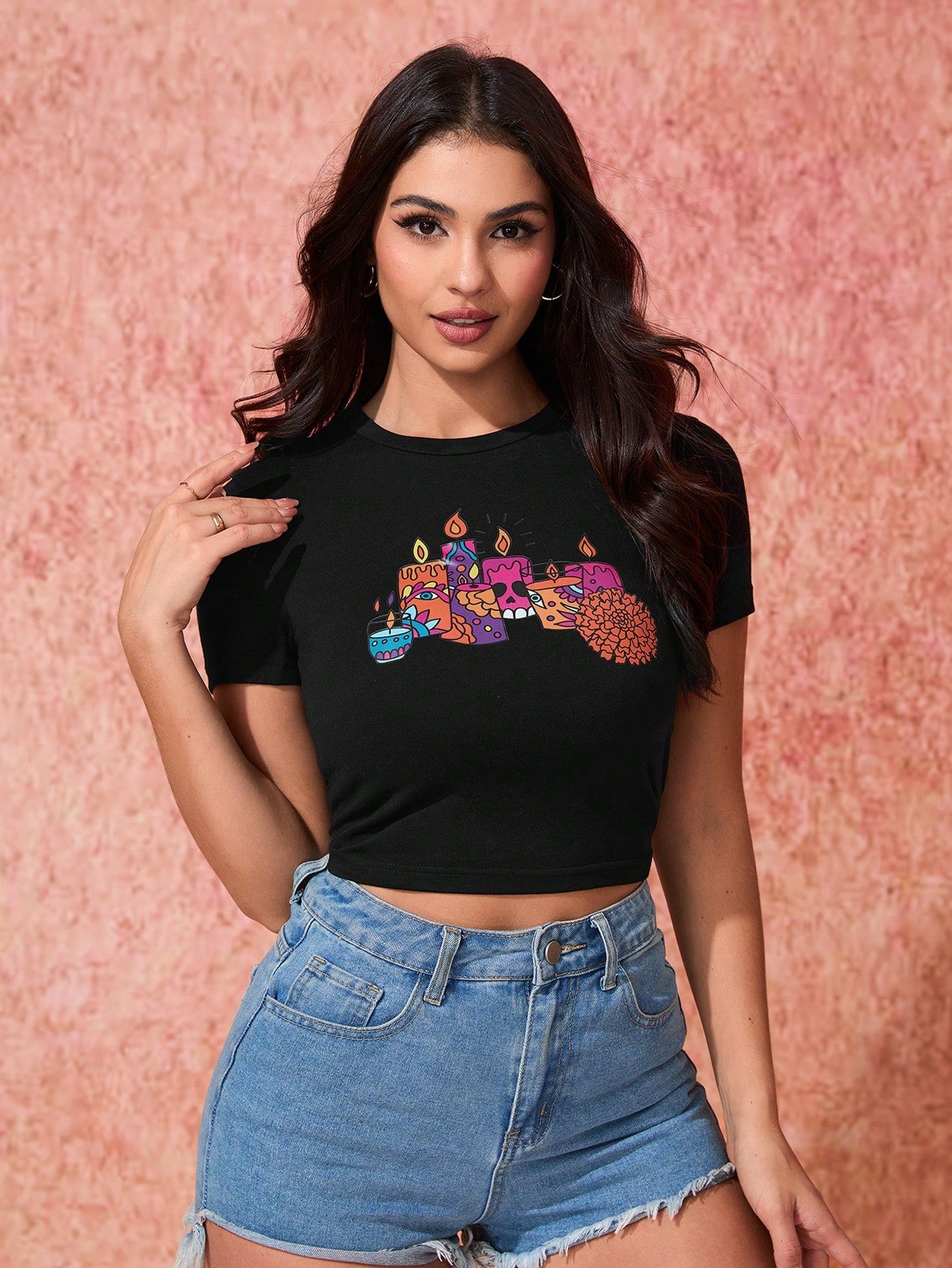 Simona Ahued Camiseta de mujer de cuello redondo corta, ajustada y de manga corta con estampado del Día de los Muertos, camiseta gráfica para vacaciones, primavera y verano
