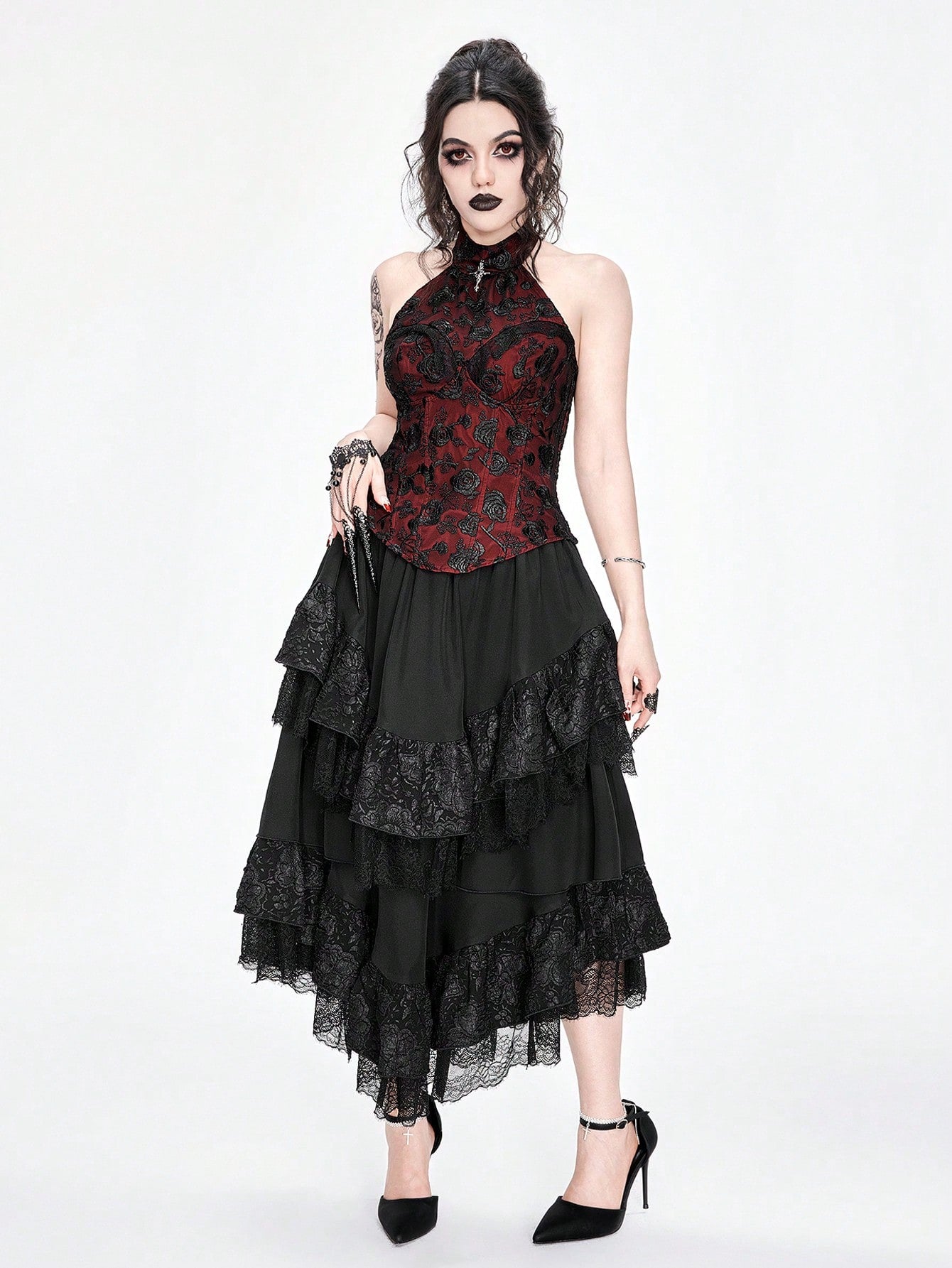 ROMWE Goth Top de tirantes asimétrico para mujer con cuello cruzado de encaje sexy y colgante, con dobladillo asimétrico