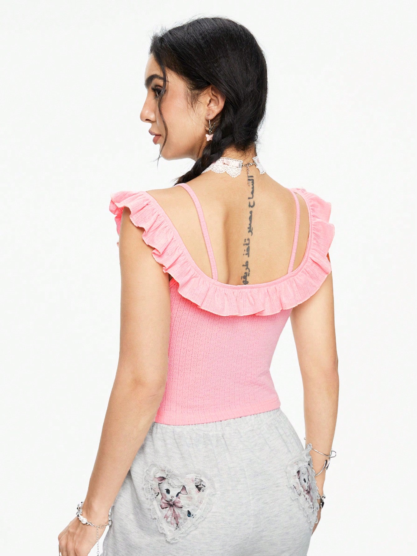 ROMWE Kawaii 1 pieza Blusa de tela texturizada con estampado de conejito y volantes, estilo niña inocente y lindo 2 en 1 para mujer