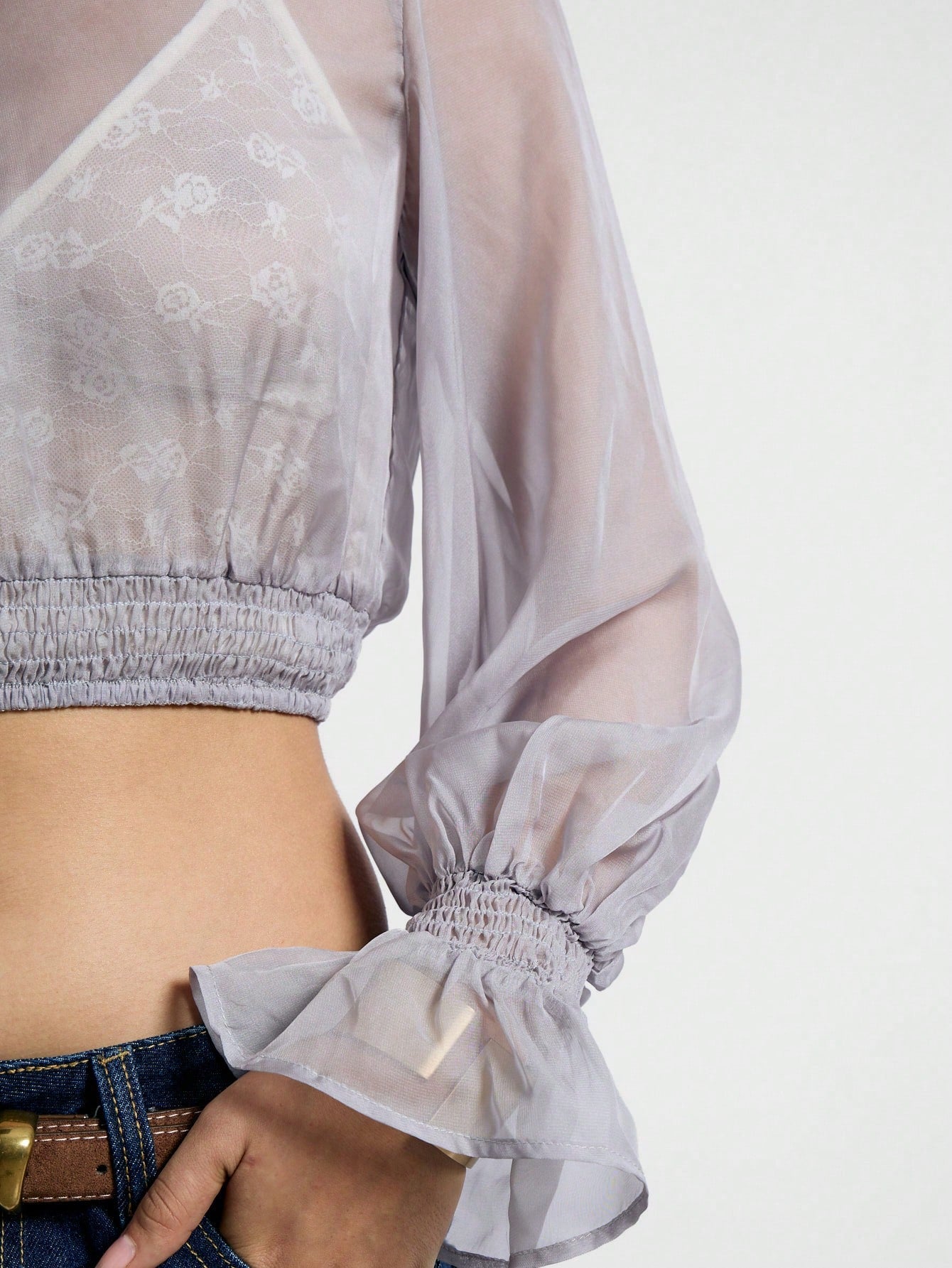 AiiRZ Blusa corta con mangas globo con volantes y transparencia