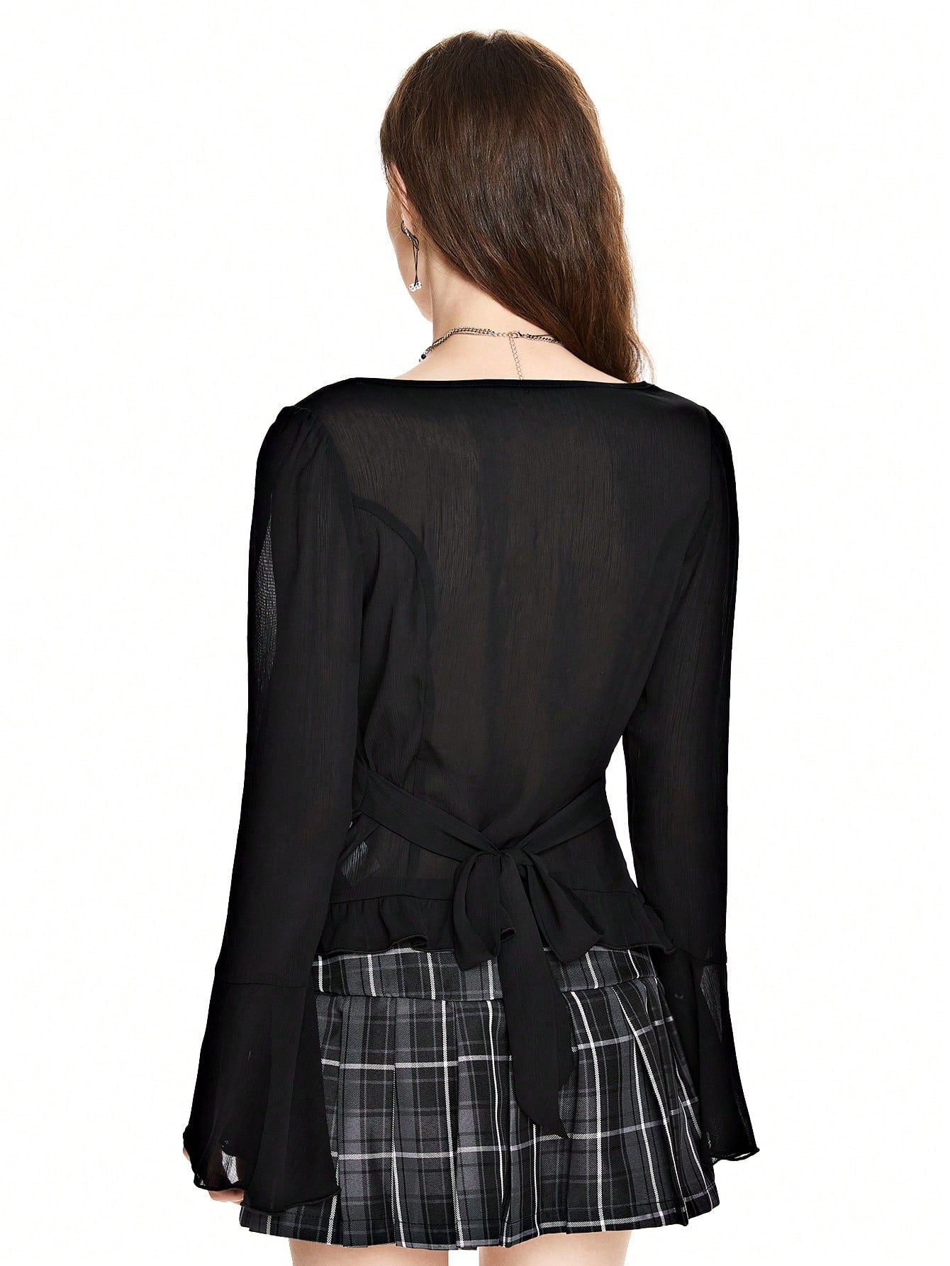 ROMWE Kawaii Blusa de gasa de manga acampanada vintage dulce para mujeres