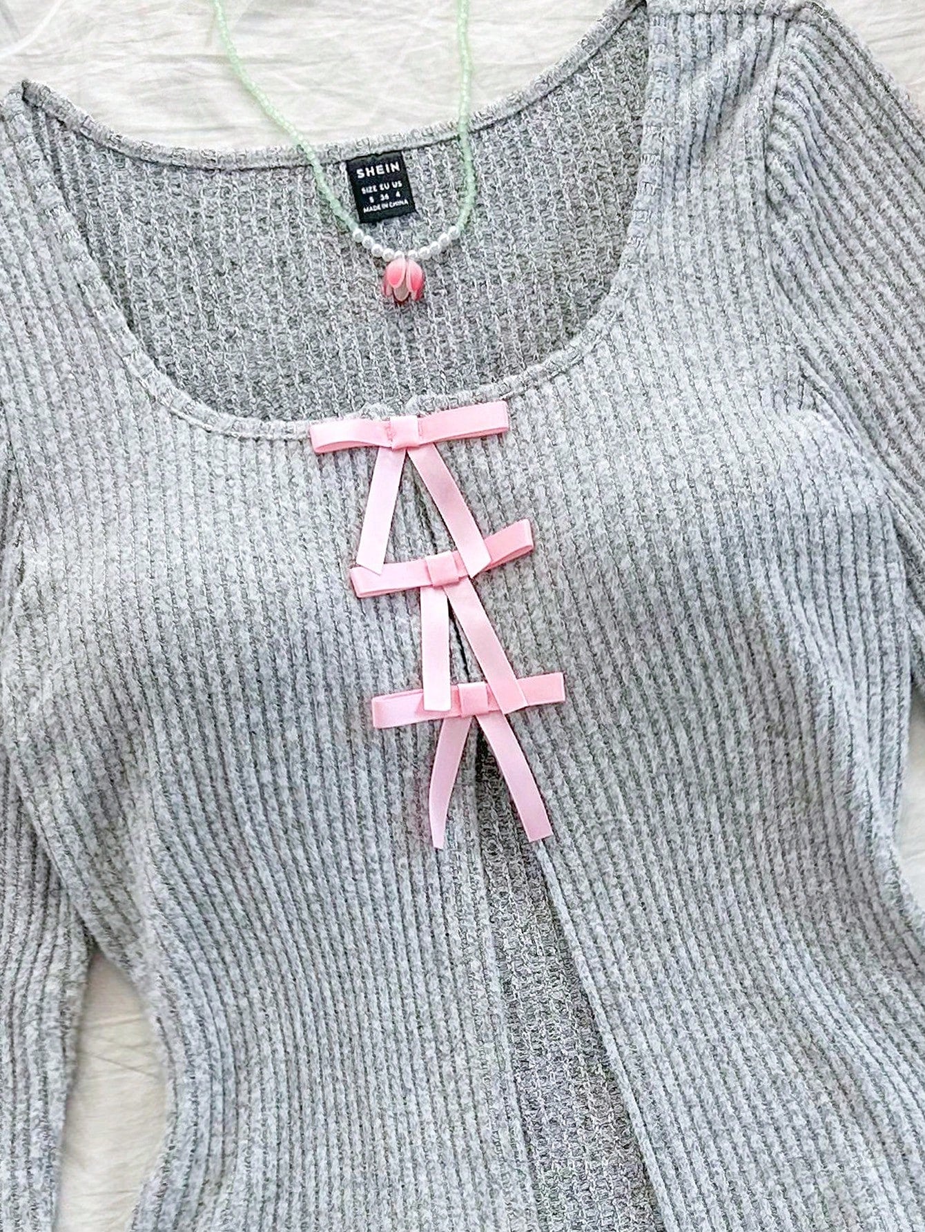 SHEIN Dreamara Sudadera térmica con capucha de costillas grises para vacaciones de mujer con cortes frontales y en el centro, lazo romántico rosa, manga larga, ajuste delgado, cálida y con estilo para otoño/invierno, adecuada para salidas