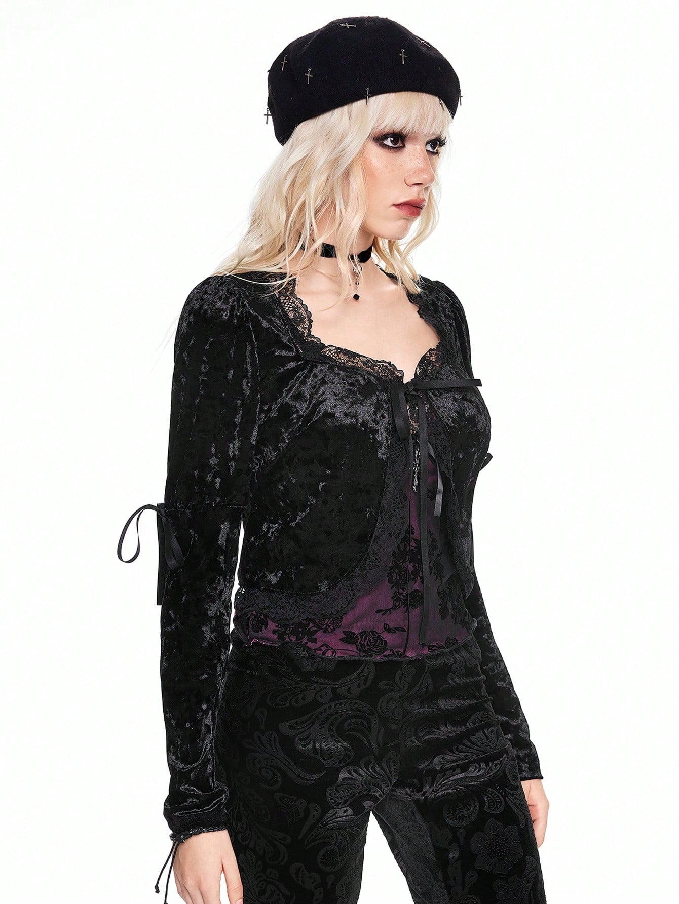 Sweetness Top de manga larga con escote palabra de honor en encaje y terciopelo para damas elegantes