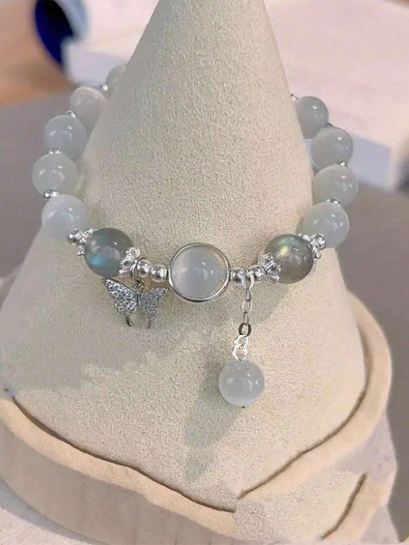 1 brazalete sencillo de piedra lunar gris y cristal natural de ojo de gato con cuentas, accesorios versátiles y elegantes para chicas