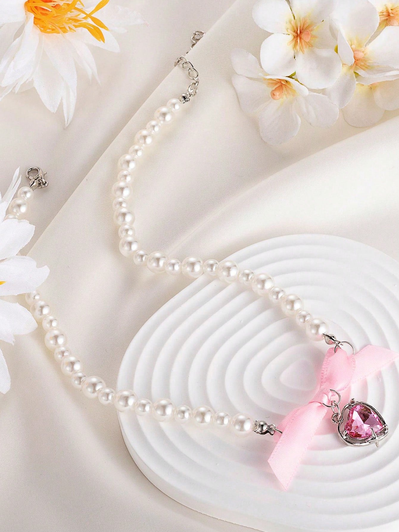 1 pieza Collar con forma de corazón rosa romántico con lazo para mujeres, dulce y puro, cadena de clavícula para San Valentín