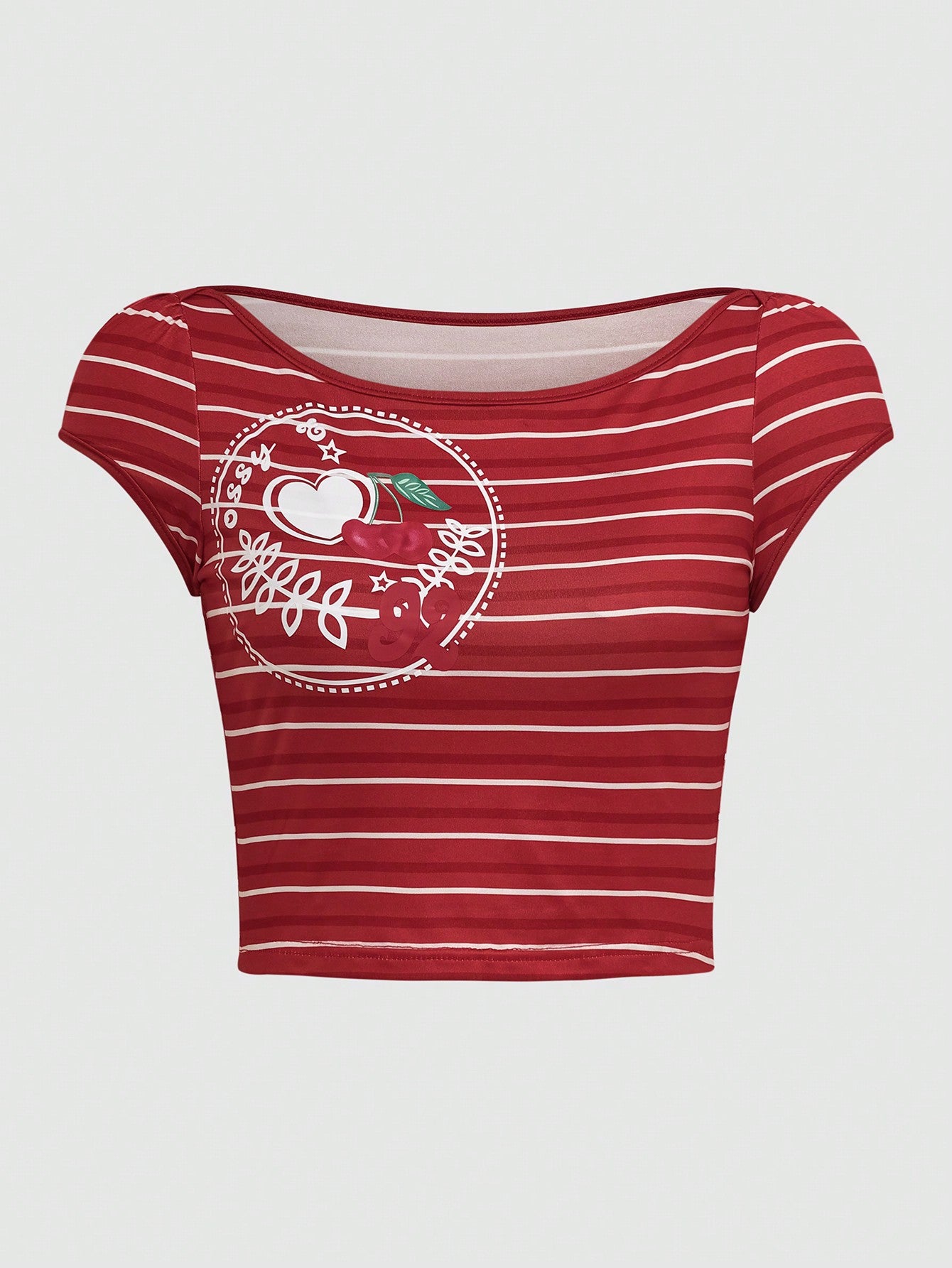 SHEIN Qutie Camiseta casual de manga corta con cuello redondo y estampado de rayas y corazones para mujer en verano