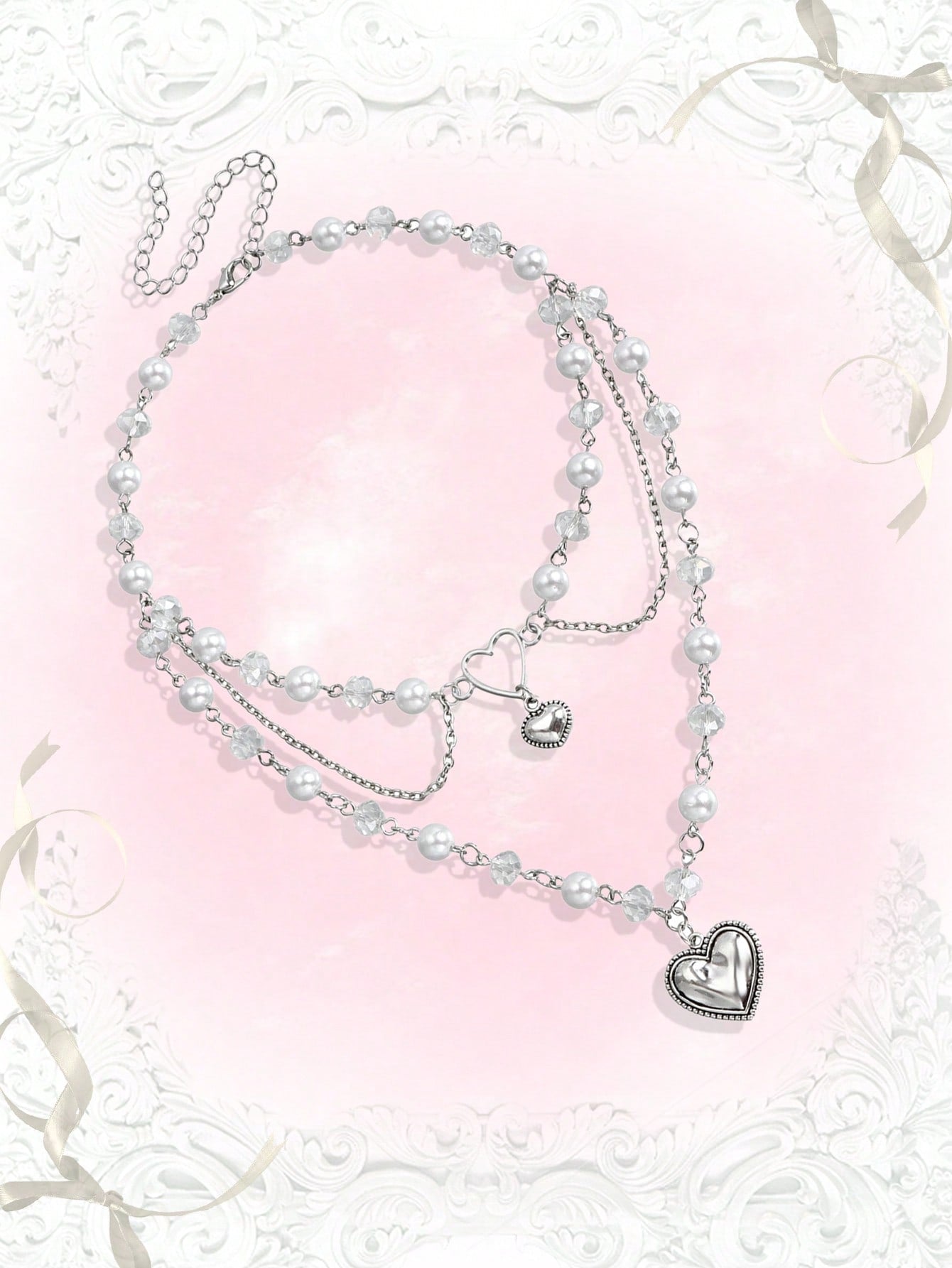 ROMWE Kawaii 1 pieza Lindo collar colgante con perla falsa, corazones y borlas para el Día de San Valentín