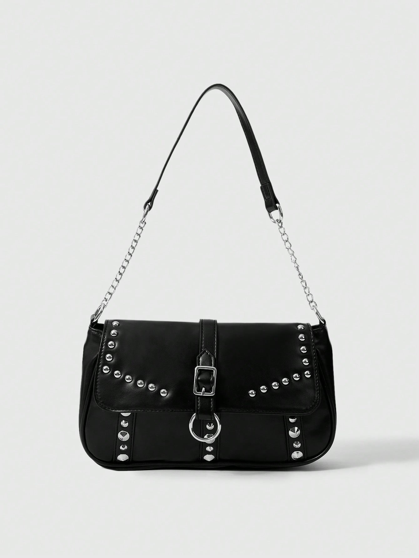 ROMWE Goth 1 pieza Bolso de hombro negro con decoración de remaches de estilo punk para mujer, apto para uso diario y citas