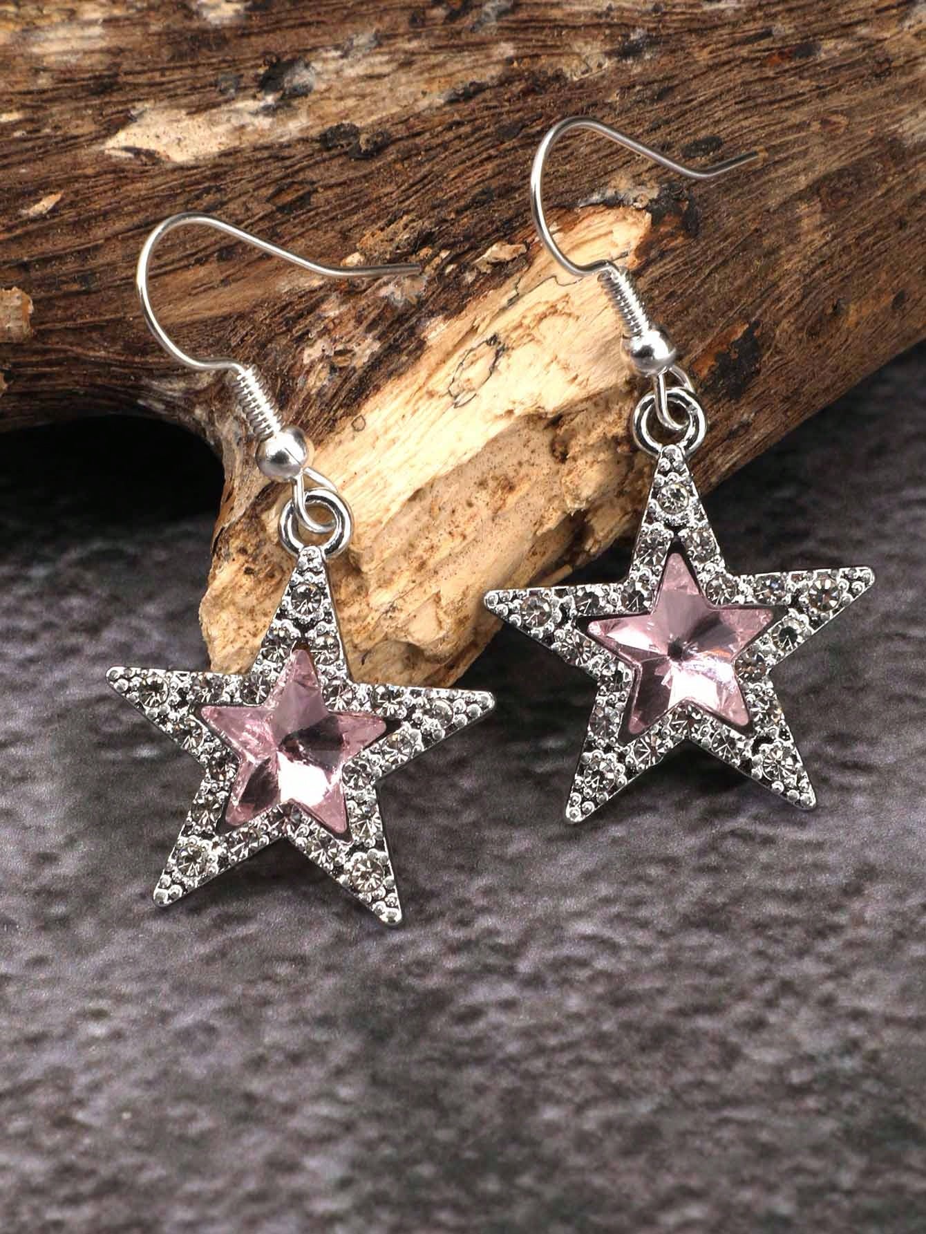 ROMWE Goth 1 Par De Pendientes Retro Con Estilo Gótico Rock En Forma De Estrella Con Detalles De Diamantes De Imitación