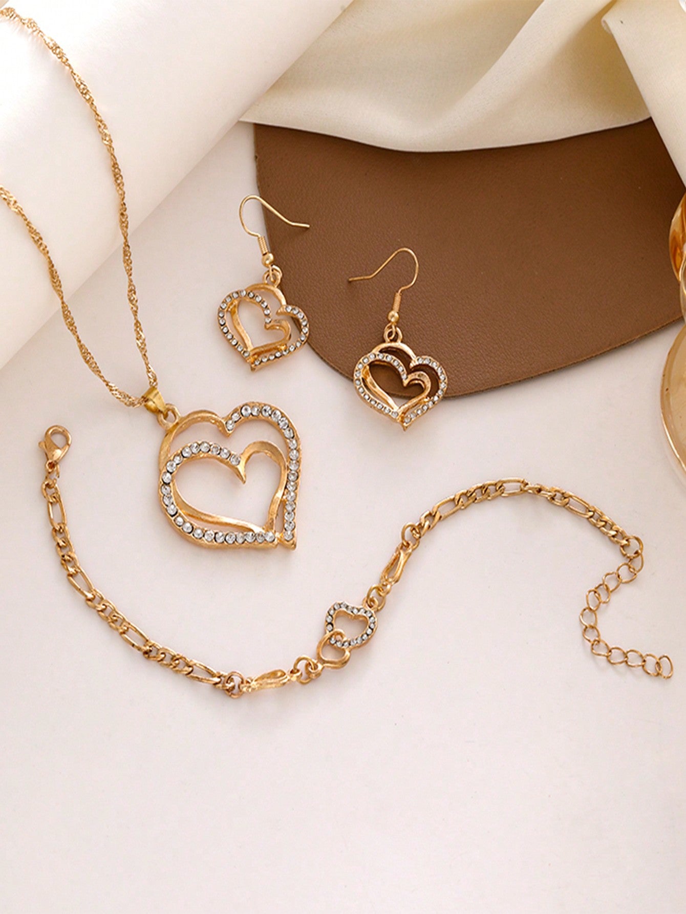 4 piezas/Set Set de joyería elegante con collar, aretes, pulsera con diseño de corazón doble, accesorios de novia de moda, regalo romántico para mujeres