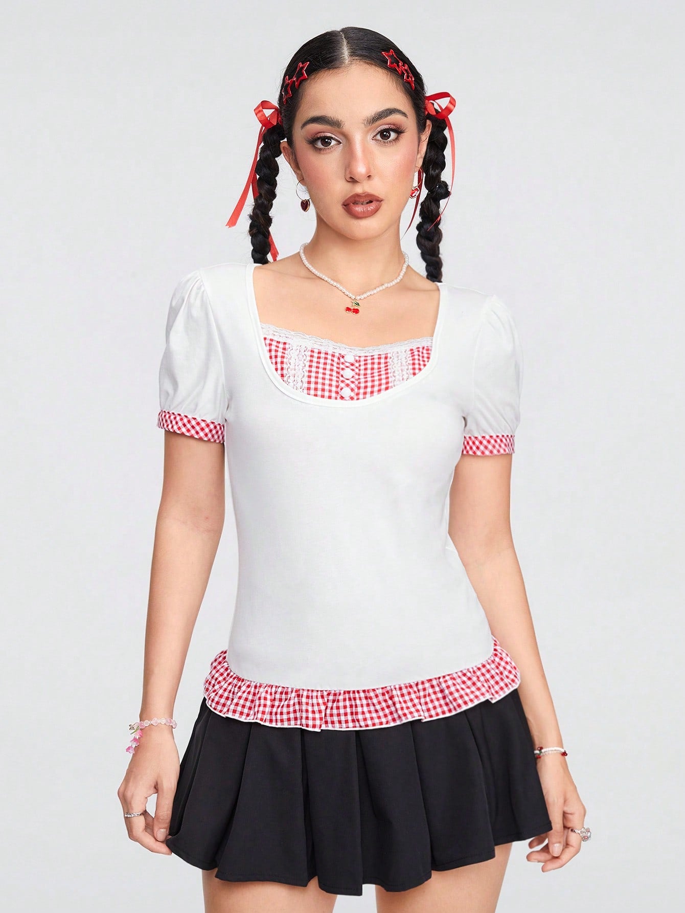 ROMWE Kawaii Camiseta de diseño a cuadros rojos y blancos de moda para mujeres en verano