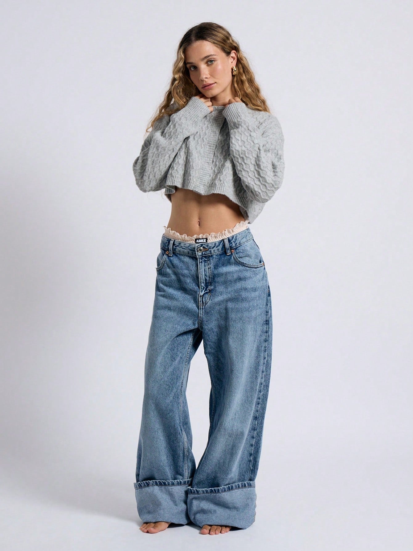 AiiRZ Cárdigan corto de mangas largas con punto de nervio y cable, diseño boxy