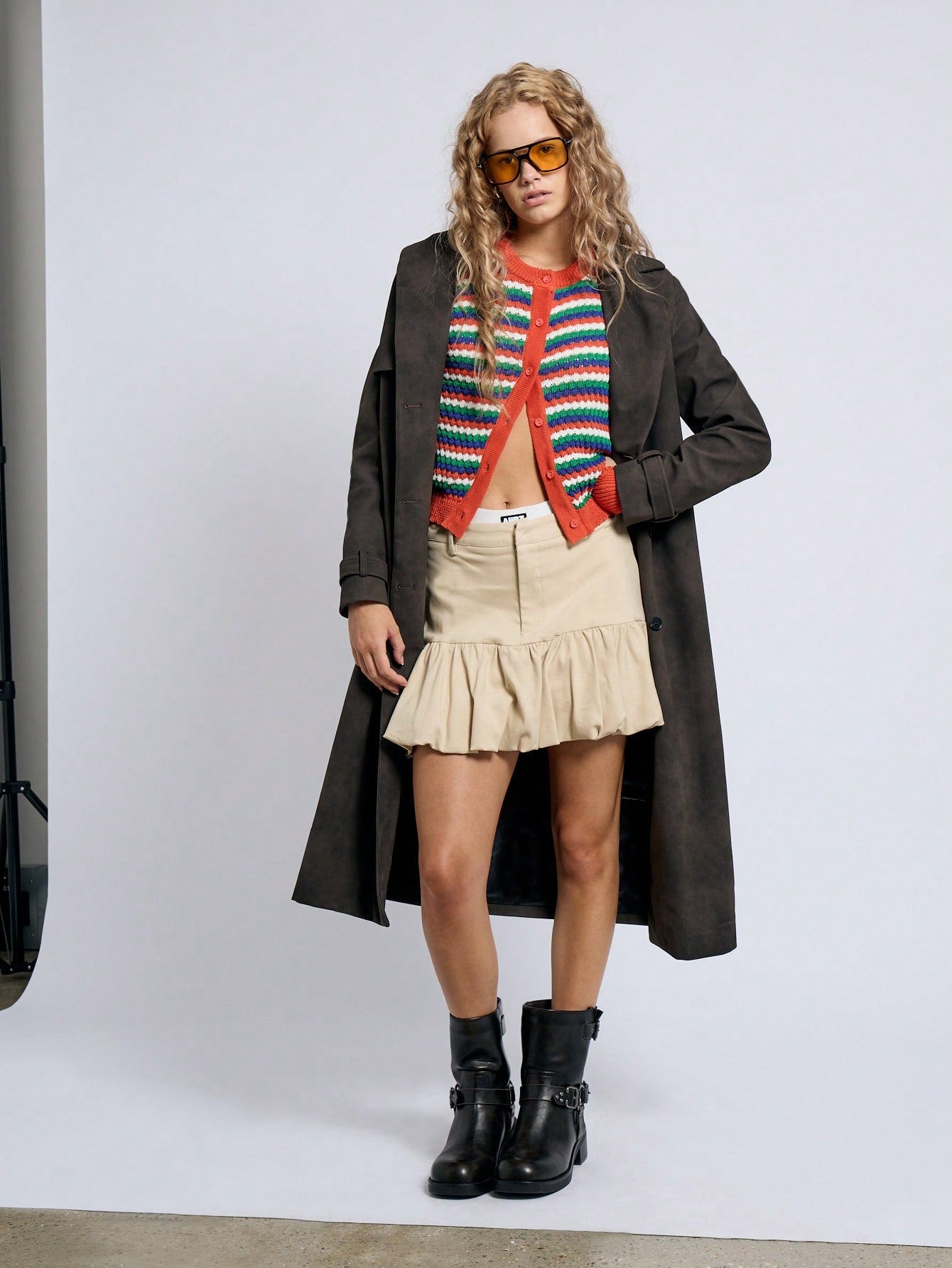 AiiRZ Cárdigan a rayas con mangas largas de punto de ganchillo esponjoso con ribete de contraste