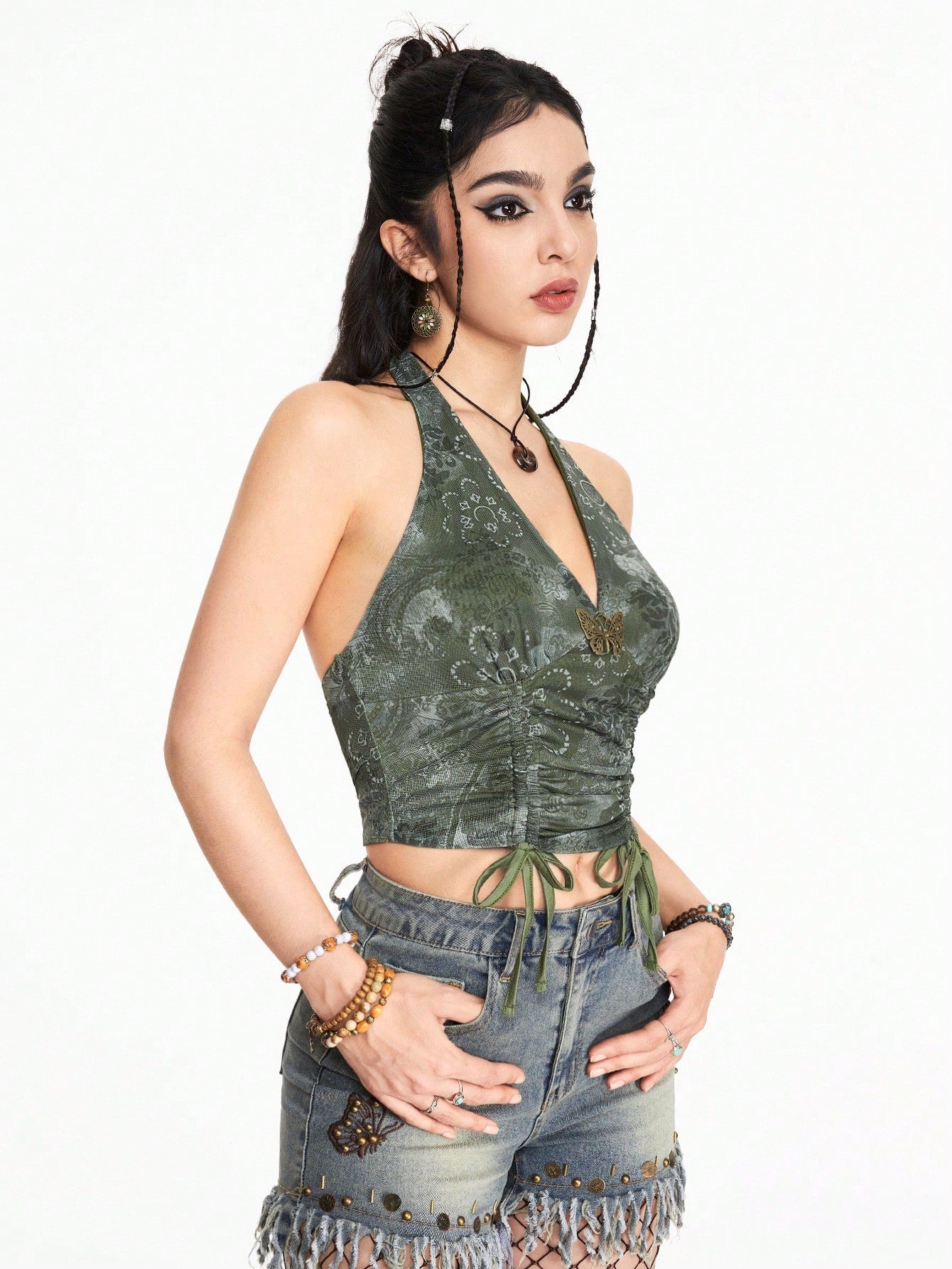 ROMWE Hippie Top sin mangas de mariposa de metal con cordón y lazo de estilo bohemio para mujeres