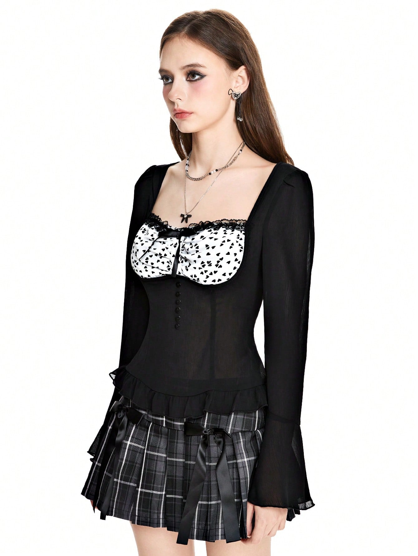 ROMWE Kawaii Blusa de gasa de manga acampanada vintage dulce para mujeres
