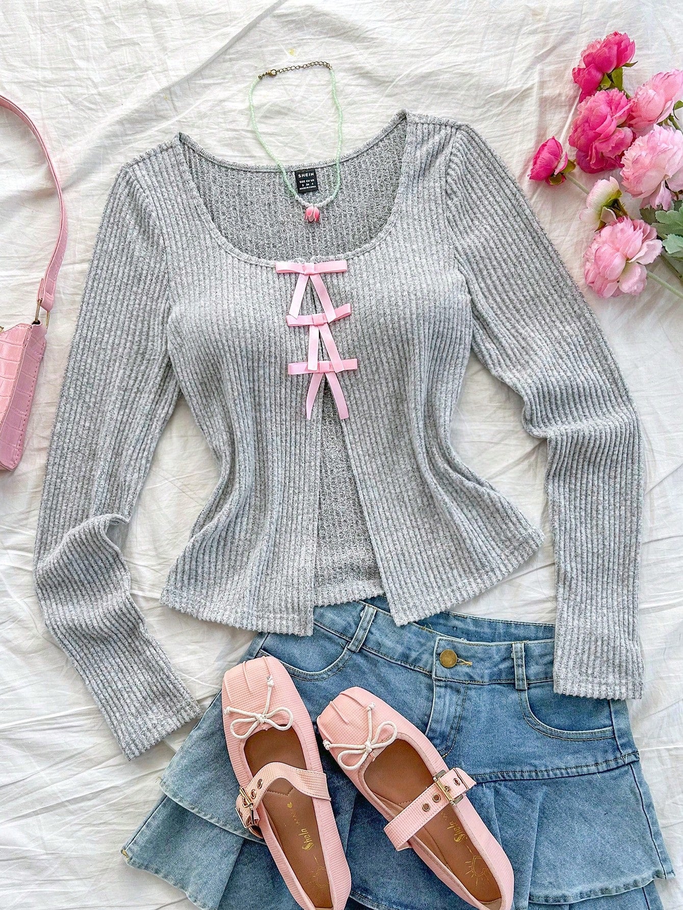 SHEIN Dreamara Sudadera térmica con capucha de costillas grises para vacaciones de mujer con cortes frontales y en el centro, lazo romántico rosa, manga larga, ajuste delgado, cálida y con estilo para otoño/invierno, adecuada para salidas