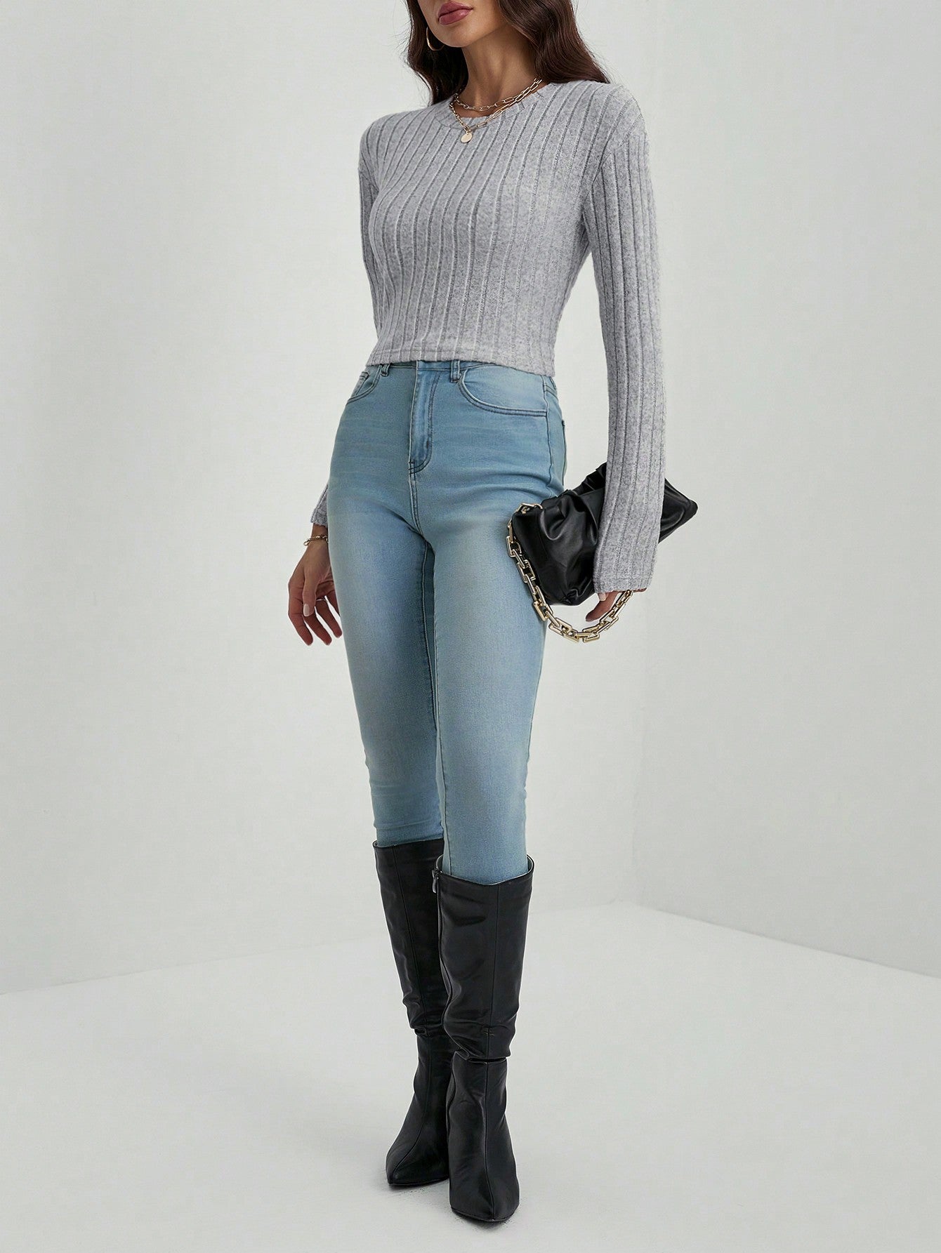 SHEIN Tall Top corto de punto acanalado sólido, informal de otoño