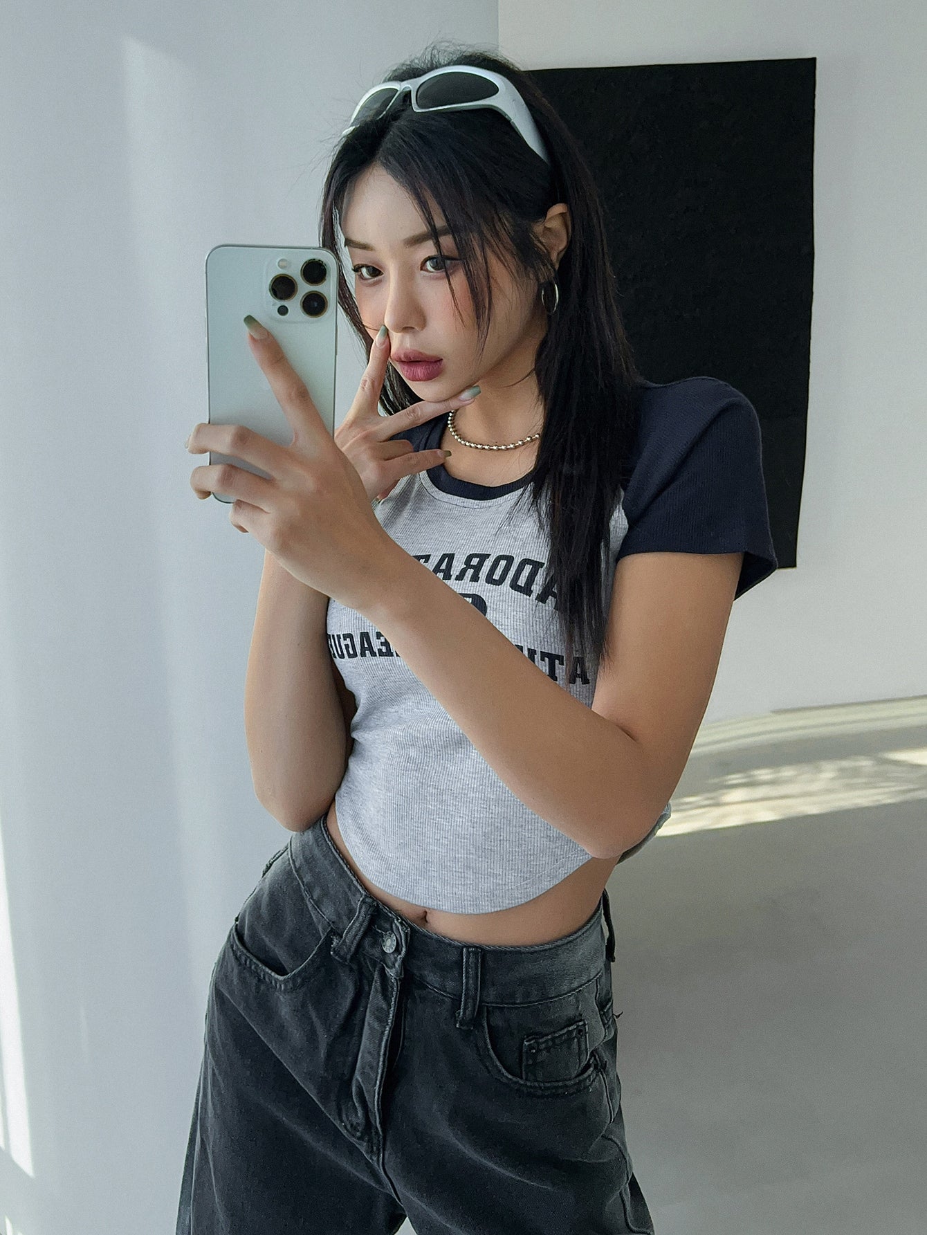 DAZY Camiseta con estampado de letra en contraste de manga raglán