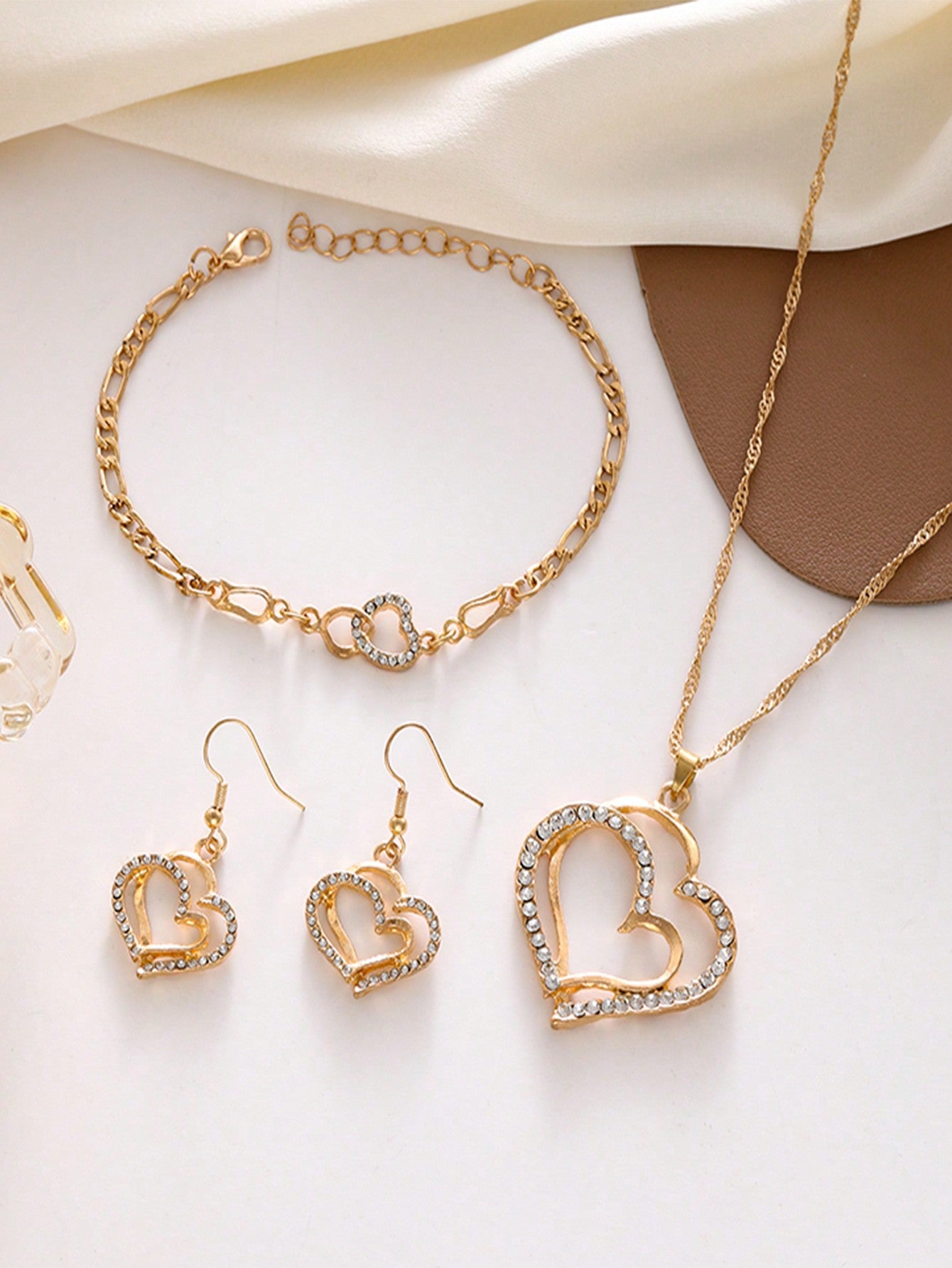 4 piezas/Set Set de joyería elegante con collar, aretes, pulsera con diseño de corazón doble, accesorios de novia de moda, regalo romántico para mujeres