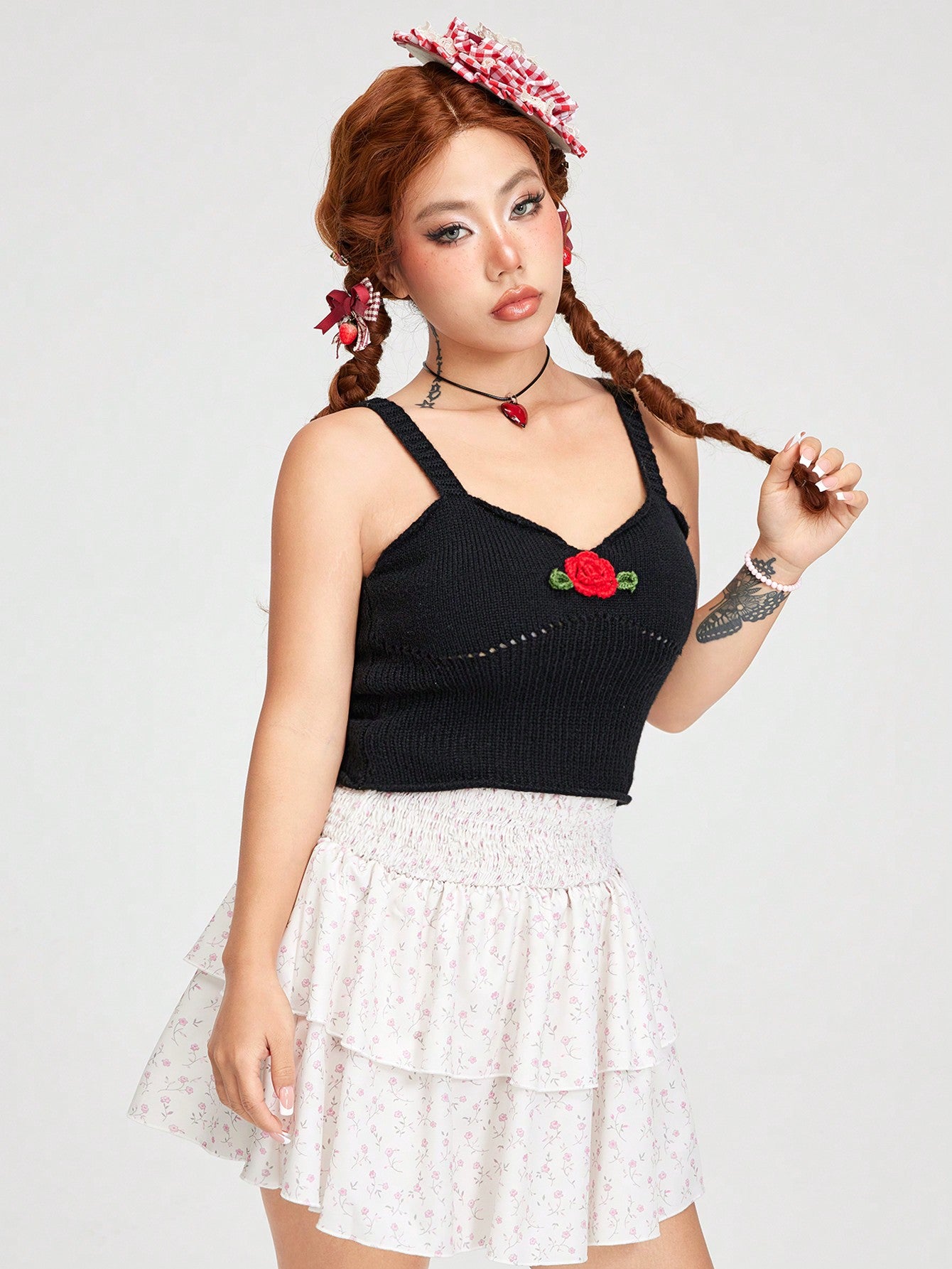 ROMWE Kawaii Top de punto de verano para mujer dulce y encantador decorado con rosas