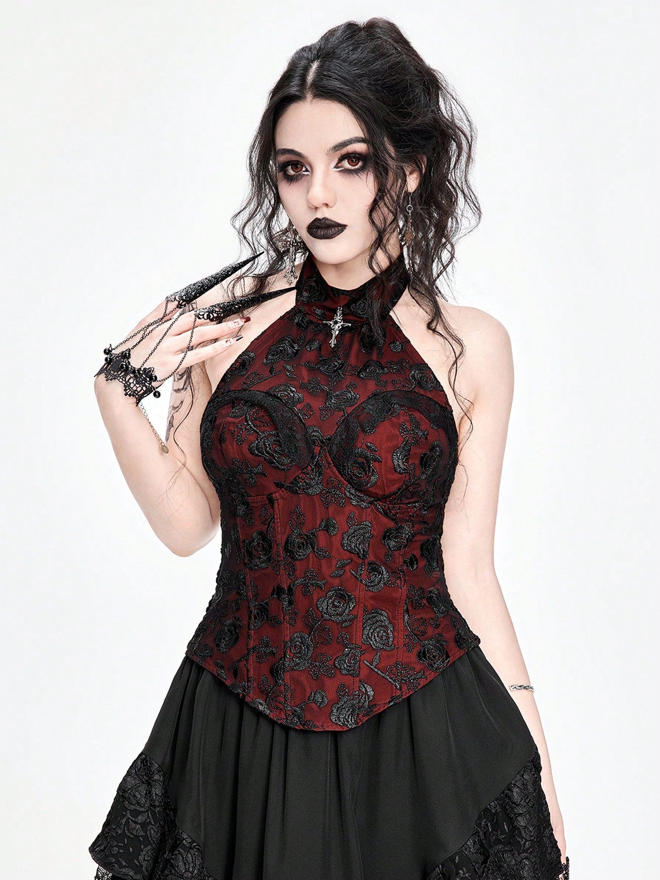 ROMWE Goth Top de tirantes asimétrico para mujer con cuello cruzado de encaje sexy y colgante, con dobladillo asimétrico