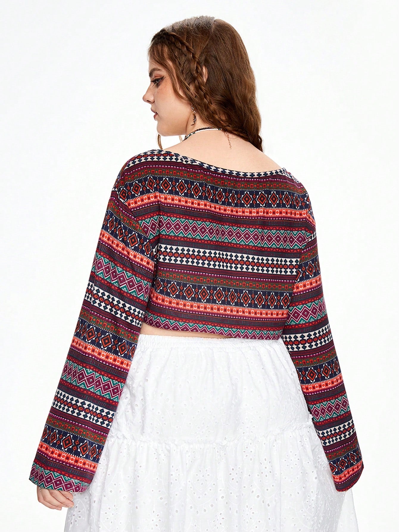 ROMWE Hippie Camiseta de rayas bohemias de talla grande con cuello de barco, manga ancha acampanada y longitud recortada, ideal para vacaciones