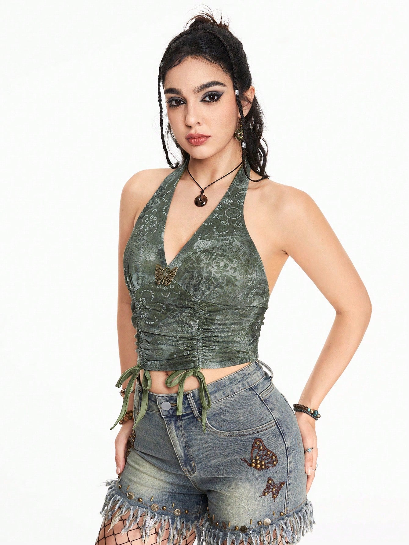 ROMWE Hippie Top sin mangas de mariposa de metal con cordón y lazo de estilo bohemio para mujeres