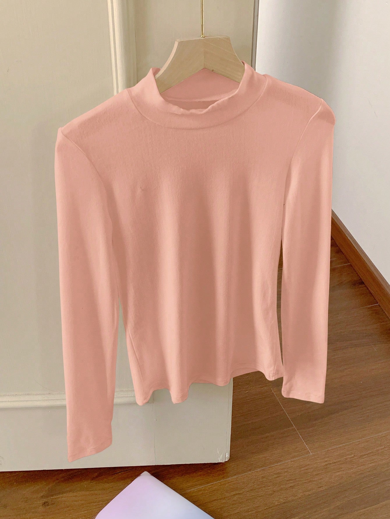 Camiseta básica de manga larga con cuello de pie, de unicolor, casual, para otoño